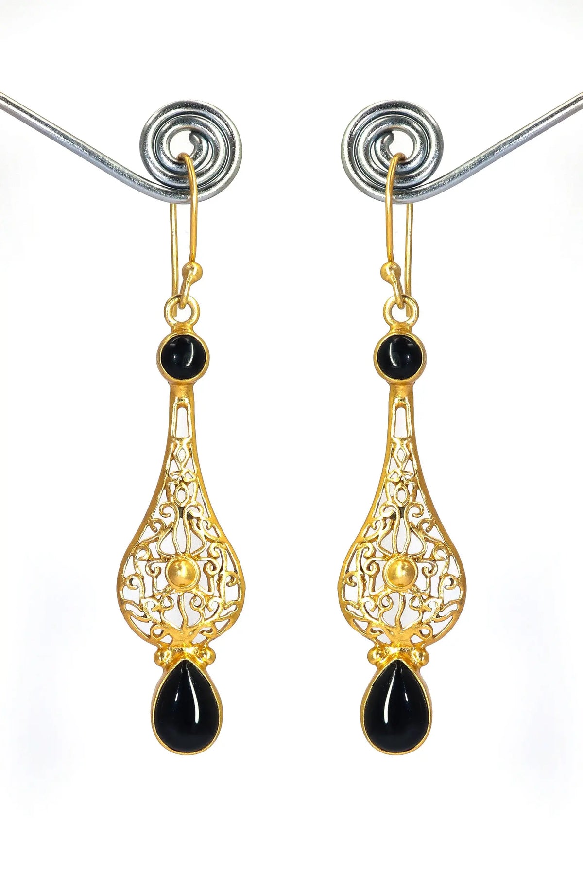 Glamorous Gold-Plated Dangle Earrings with Black Onyx Gemstones Earring Jewelry VJewels