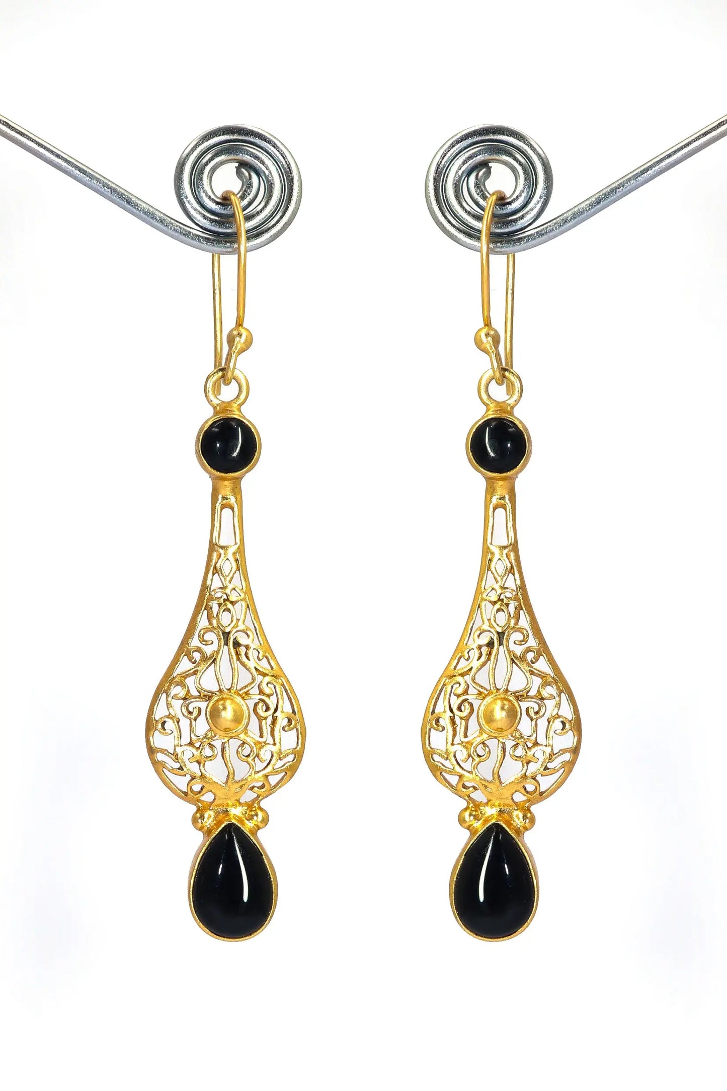 Glamorous Gold-Plated Dangle Earrings with Black Onyx Gemstones Earring Jewelry VJewels