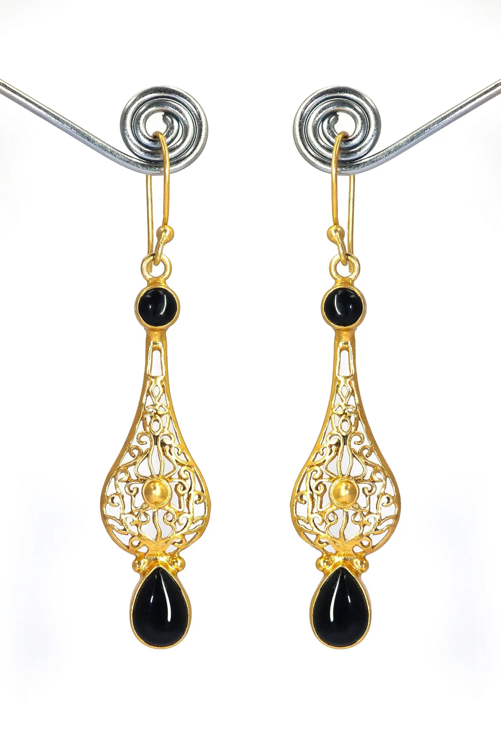 Glamorous Gold-Plated Dangle Earrings with Black Onyx Gemstones Earring Jewelry VJewels