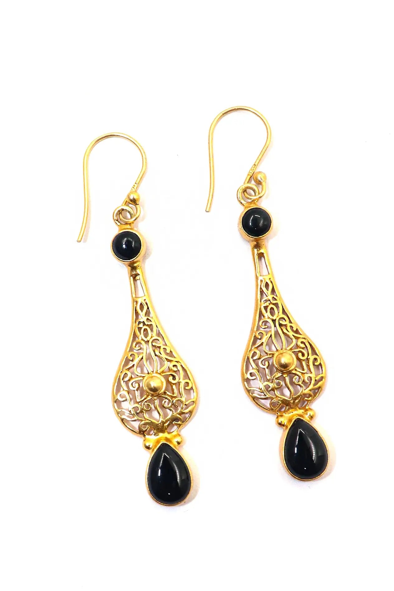 Glamorous Gold-Plated Dangle Earrings with Black Onyx Gemstones Earring Jewelry VJewels