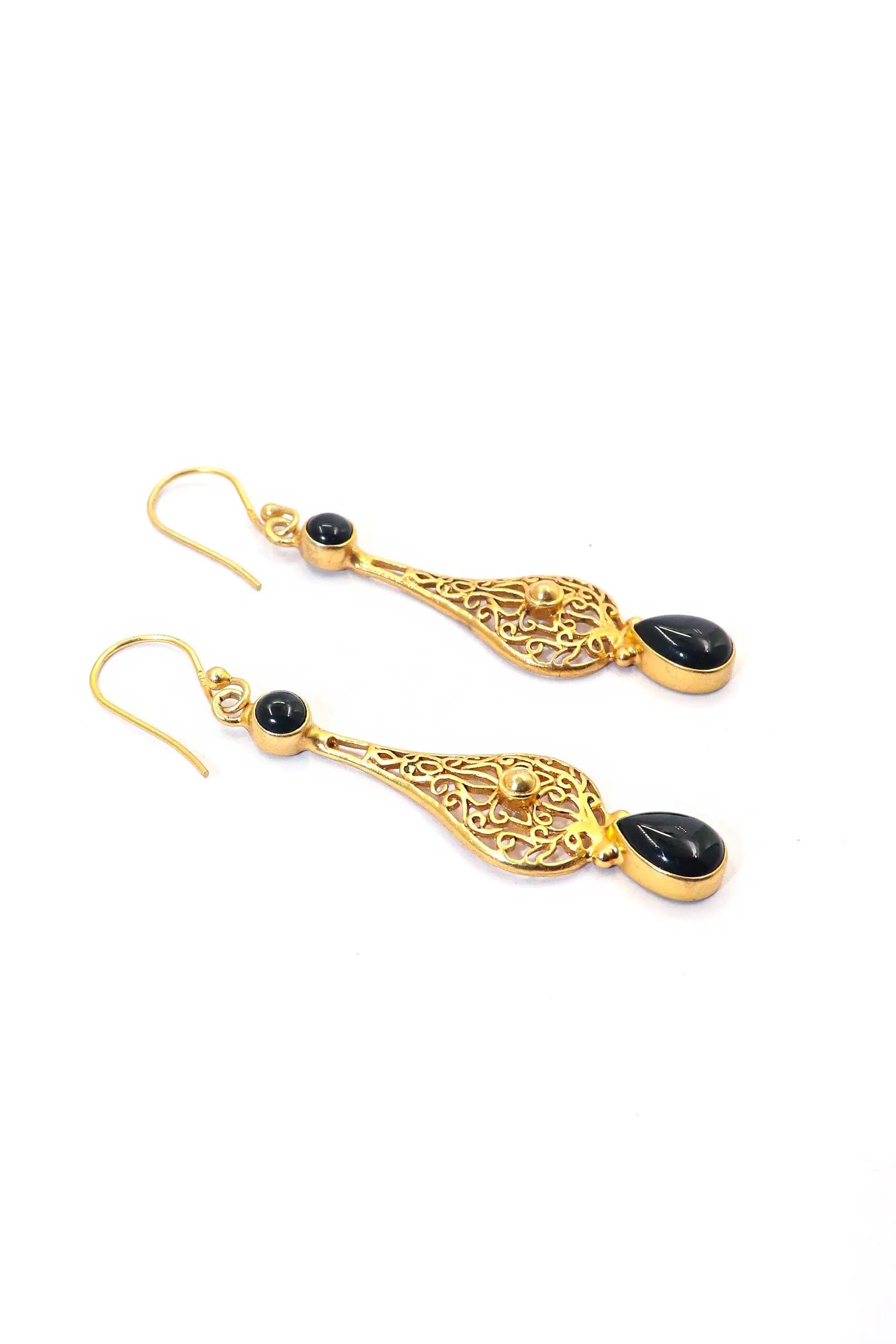 Glamorous Gold-Plated Dangle Earrings with Black Onyx Gemstones Earring Jewelry VJewels