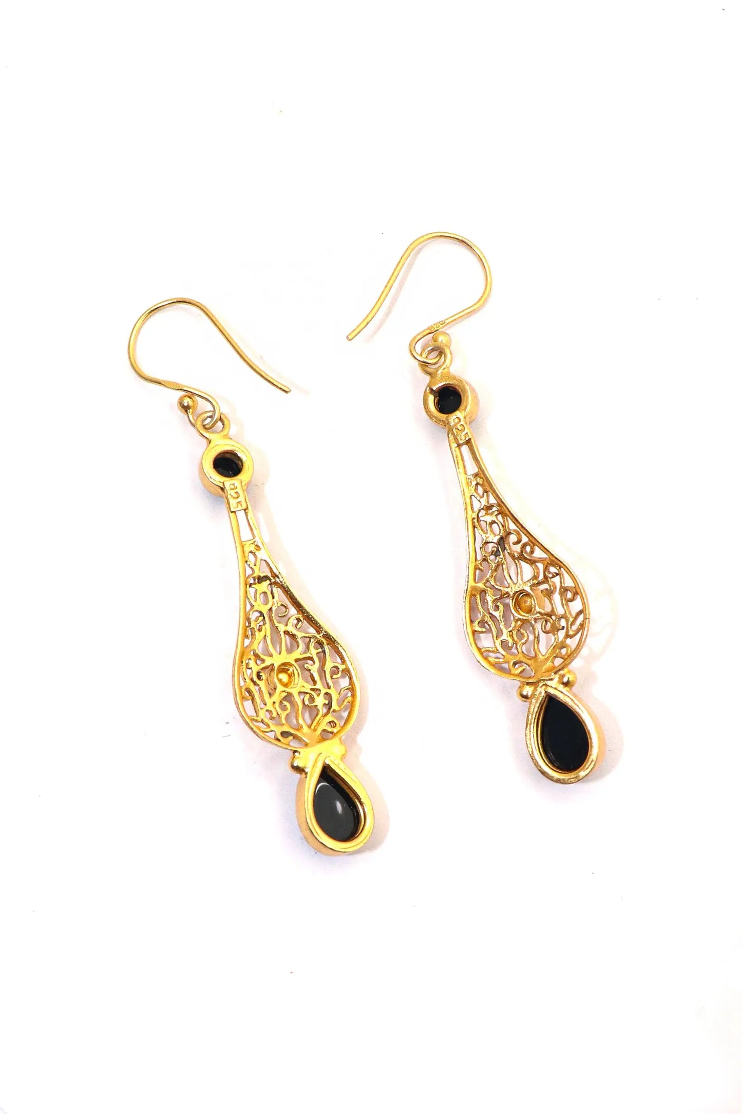 Glamorous Gold-Plated Dangle Earrings with Black Onyx Gemstones Earring Jewelry VJewels