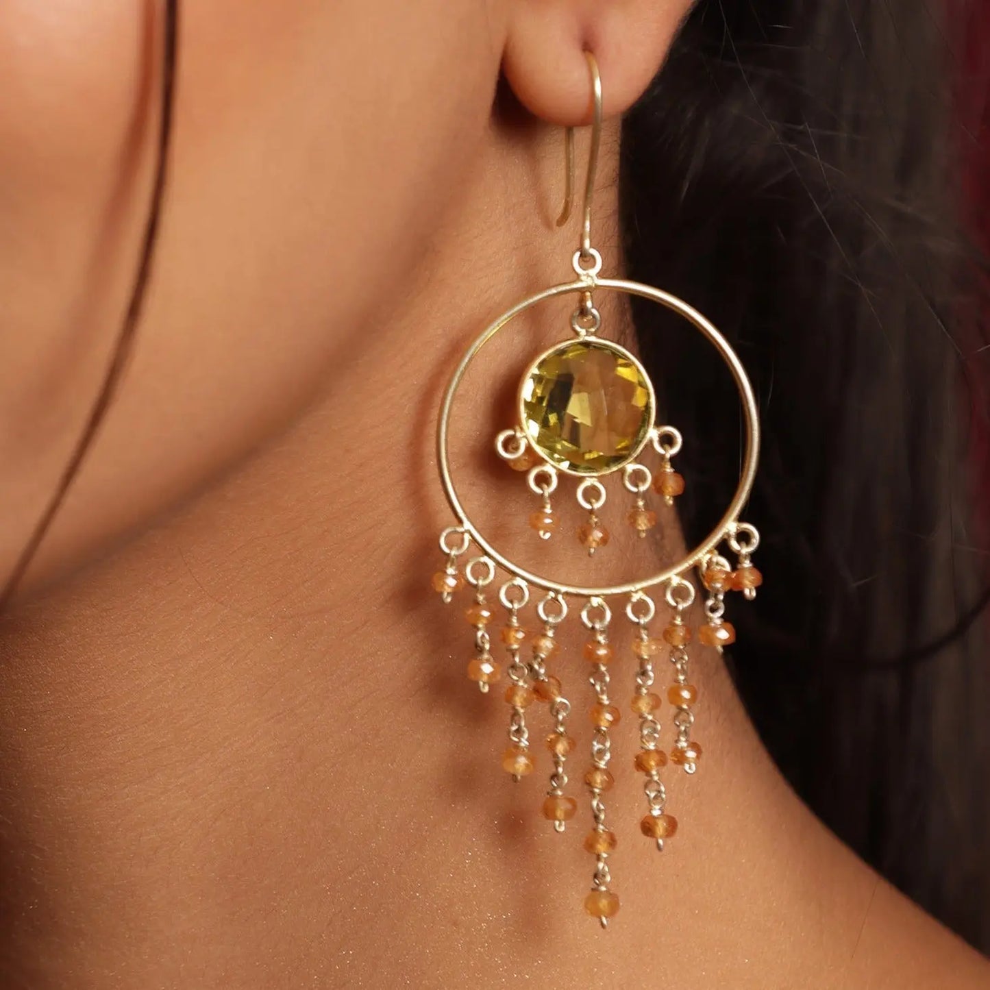 Gleaming Citrine & Carnelian Gold Plated Drop Hook Earrings Jewelry VJewels