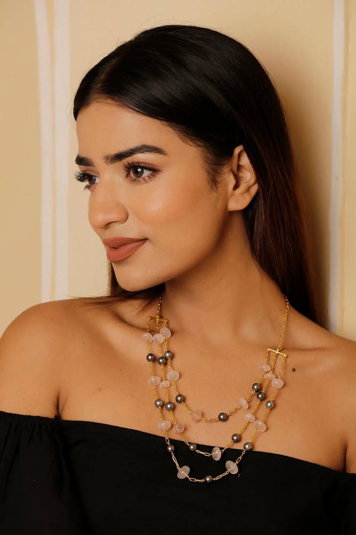 Gold Plated Angelic Rose Quartz Gemstone BeadedNecklace Jewelry Vidita Jewels