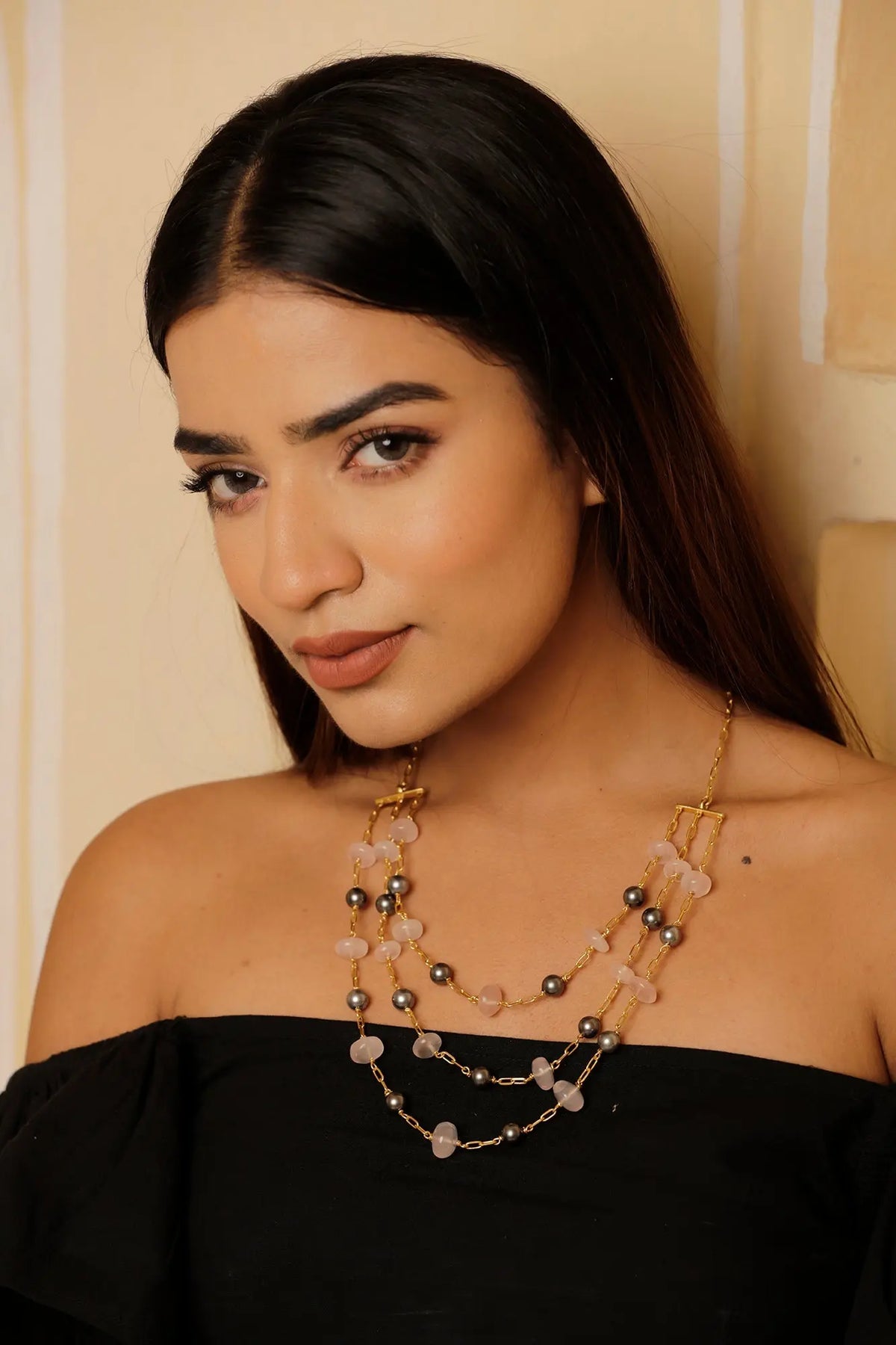 Gold Plated Angelic Rose Quartz Gemstone BeadedNecklace Jewelry Vidita Jewels