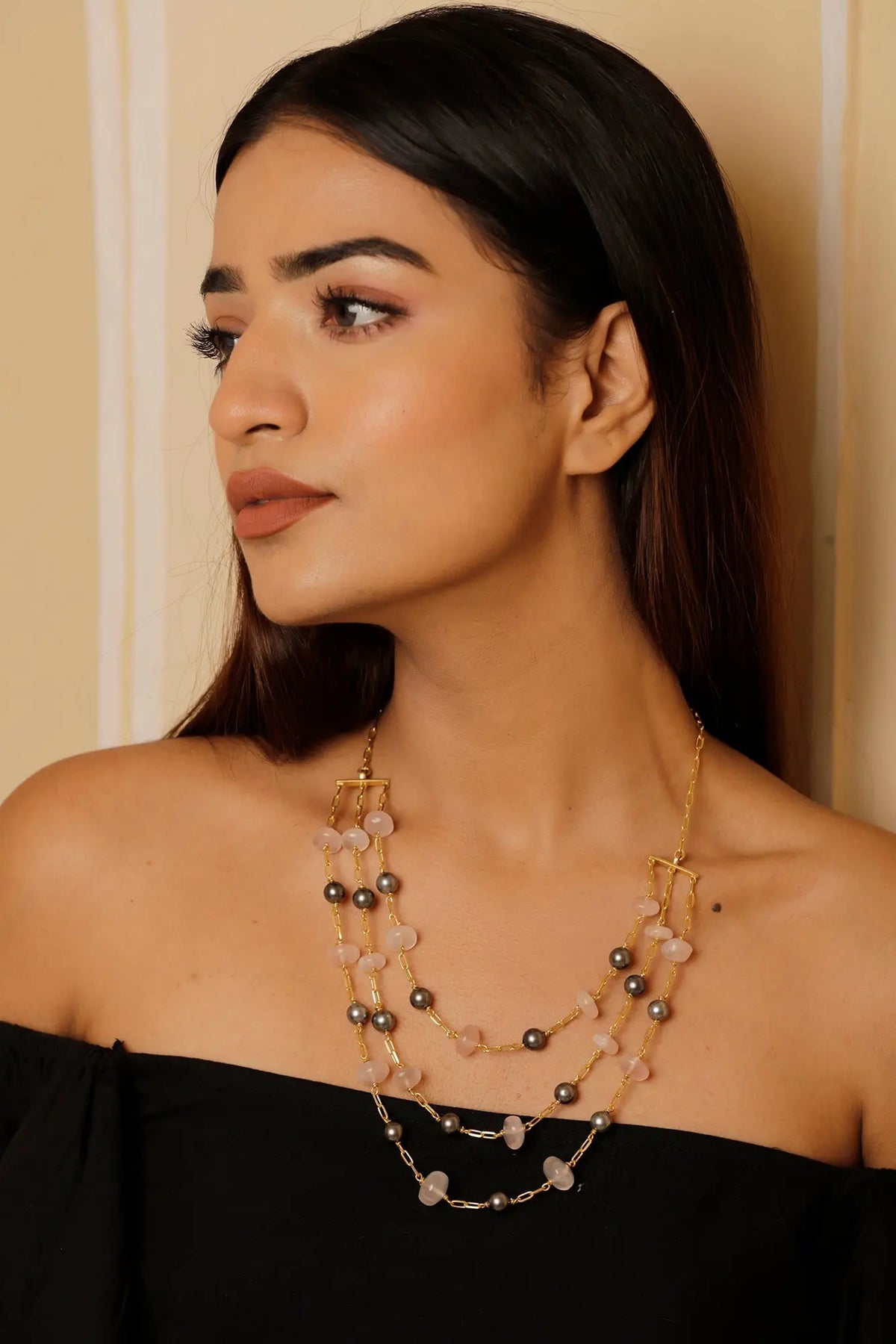 Gold Plated Angelic Rose Quartz Gemstone BeadedNecklace Jewelry Vidita Jewels