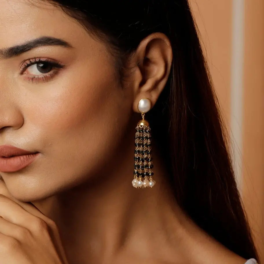 Gold Plated Bahara Black Spinel with Pearl Beads Chain Studs Earrings Jewelry Vidita Jewels