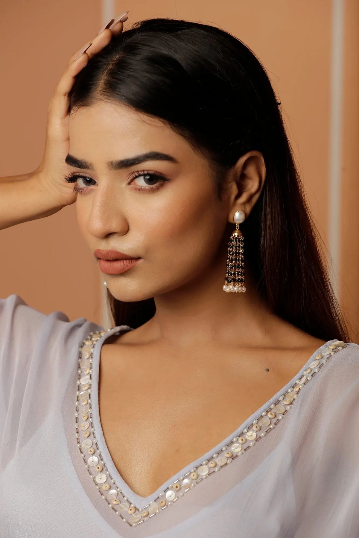 Gold Plated Bahara Black Spinel with Pearl Beads Chain Studs Earrings Jewelry Vidita Jewels