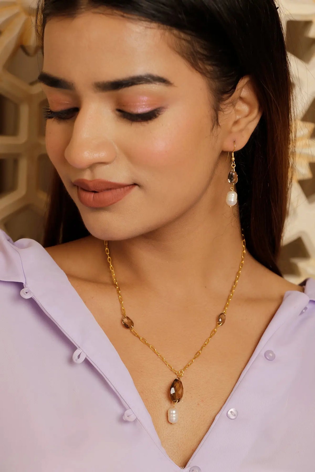 Gold Plated Beaming Smoky Quartz with PearlNecklace Set Jewelry Vidita Jewels