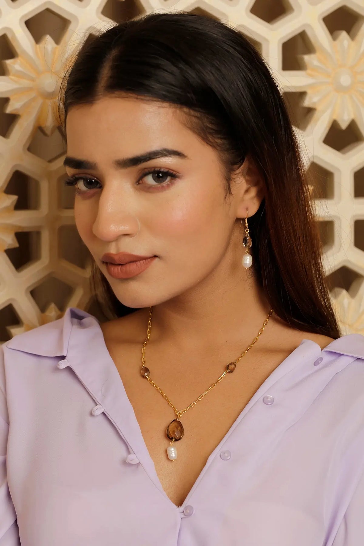 Gold Plated Beaming Smoky Quartz with PearlNecklace Set Jewelry Vidita Jewels