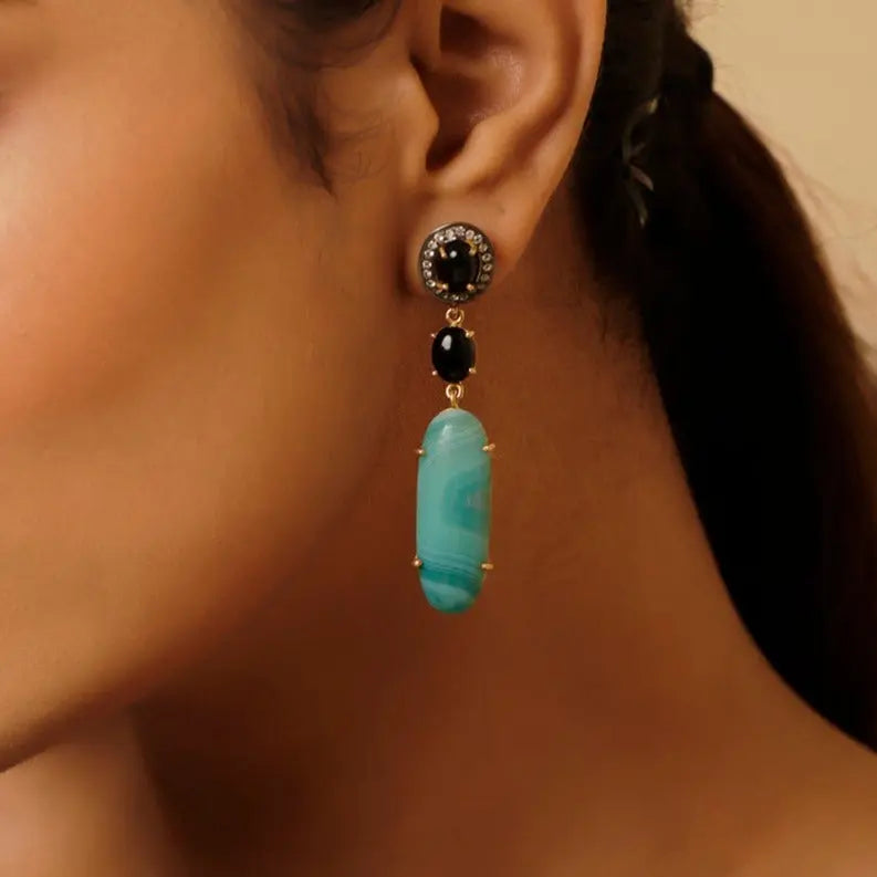 Gold Plated Black Onyx With Coastal Turquoise Drop Earrings Jewelry Vidita Jewels