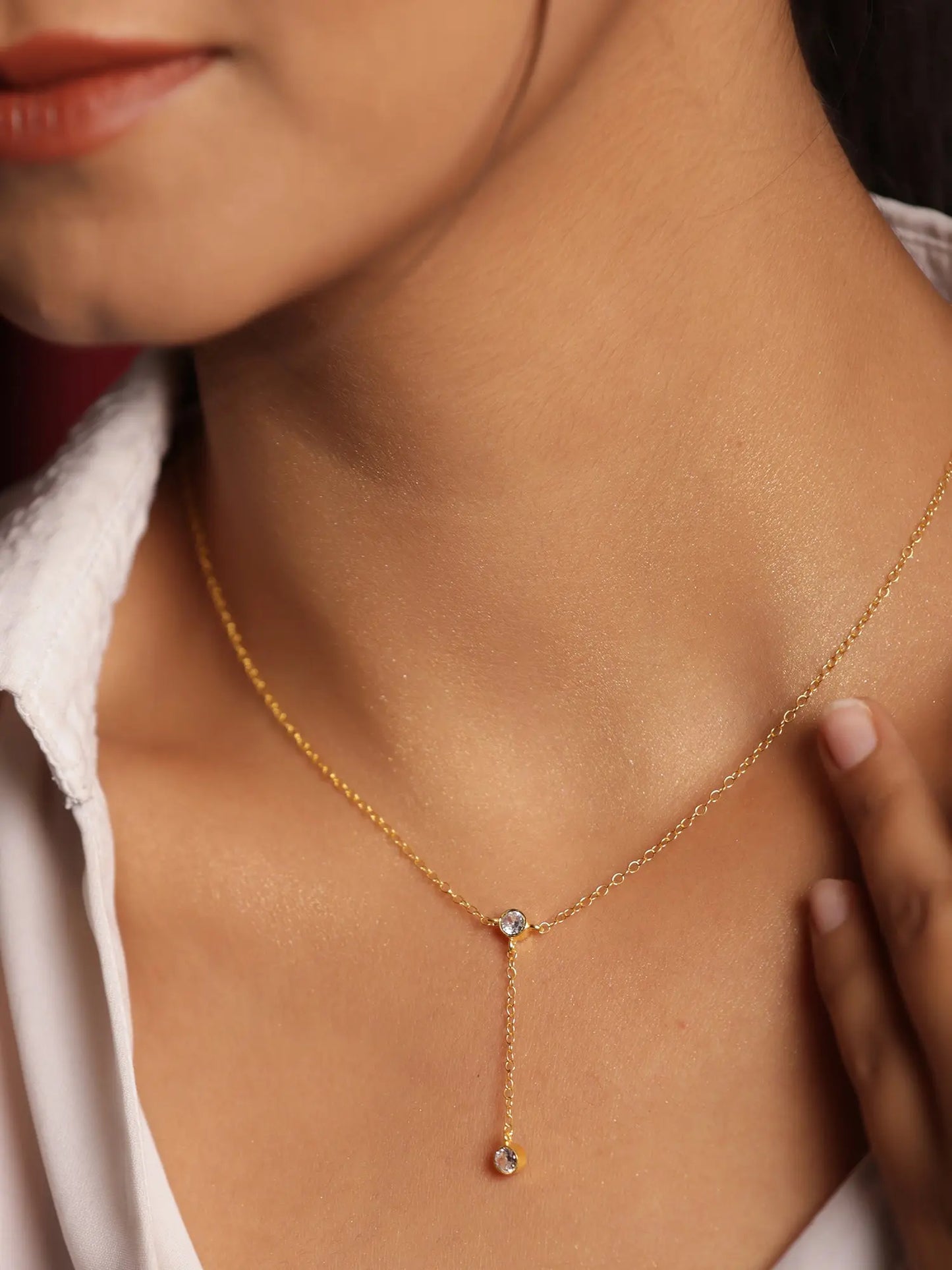 Gold Plated CZ Charm Minimalist Lariat Necklace Jewelry VJewels