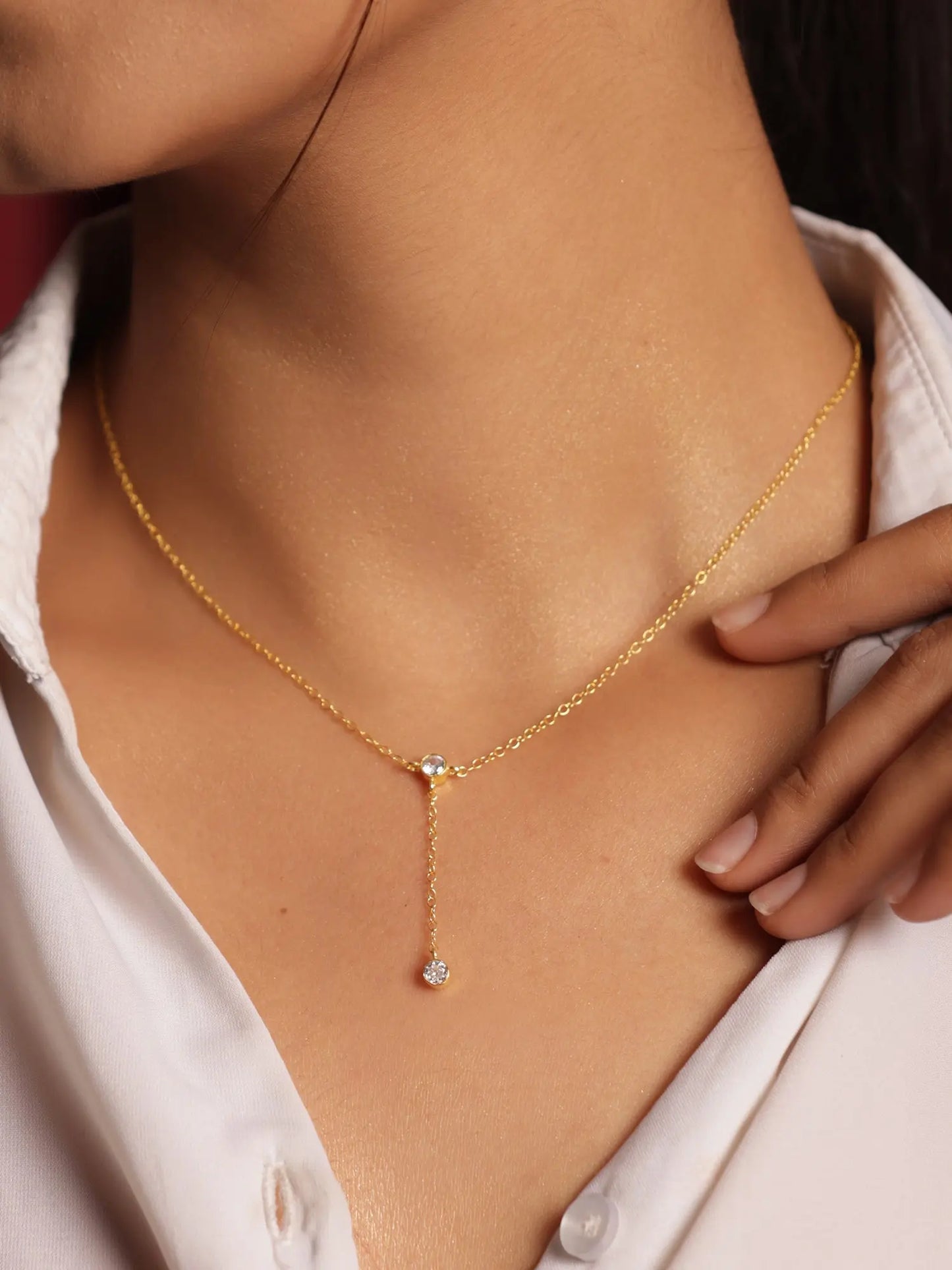 Gold Plated CZ Charm Minimalist Lariat Necklace Jewelry VJewels