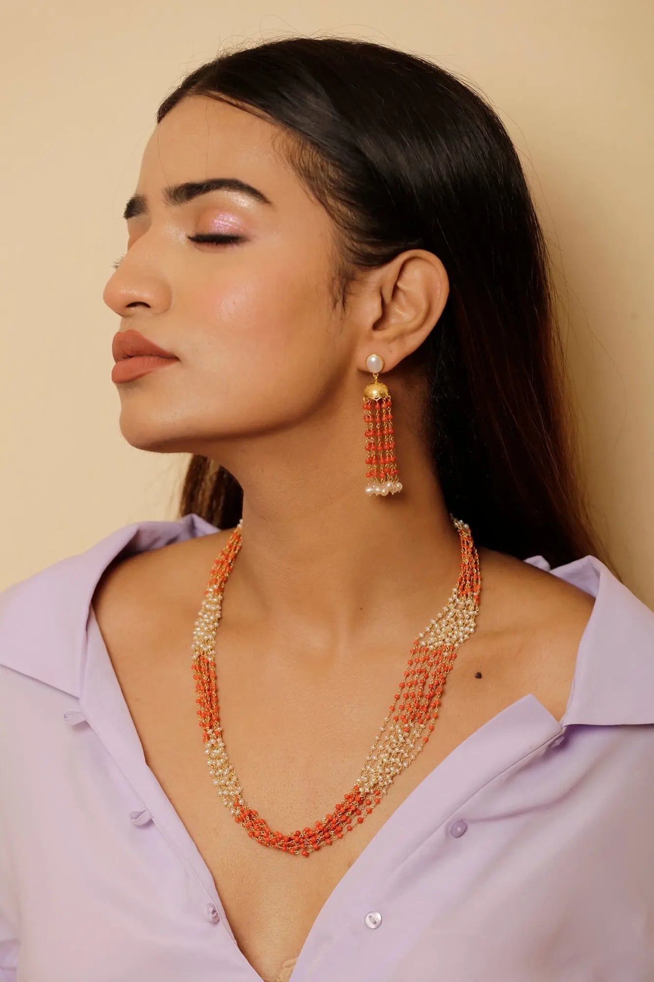 Gold Plated Chiffon Coral And Pearl Necklace Jewelry Vidita Jewels