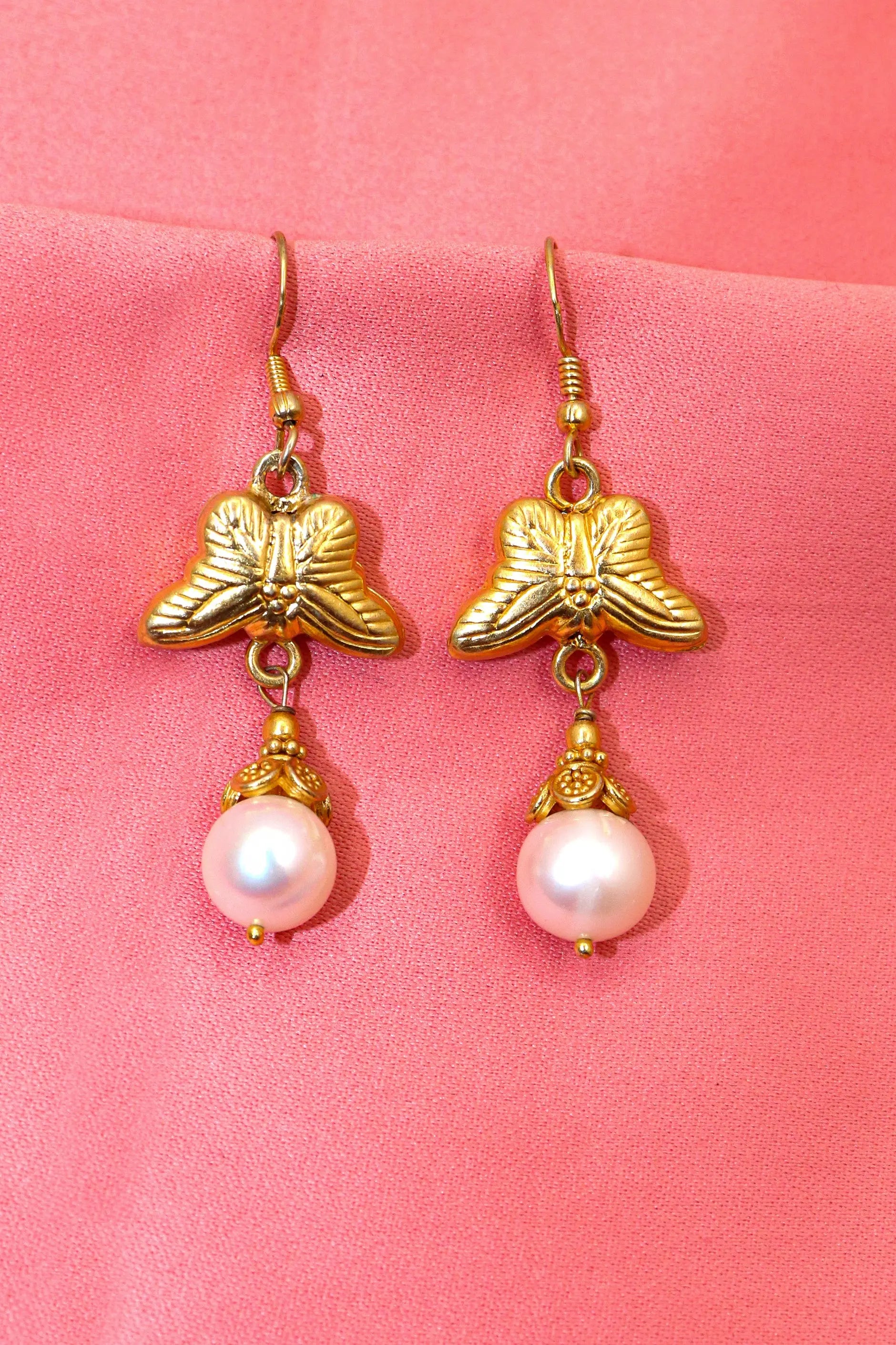 Gold-Plated Earrings Featuring Dazzling Pearl Gemstone Drops with Butterfly Design Earring Jewelry VJewels