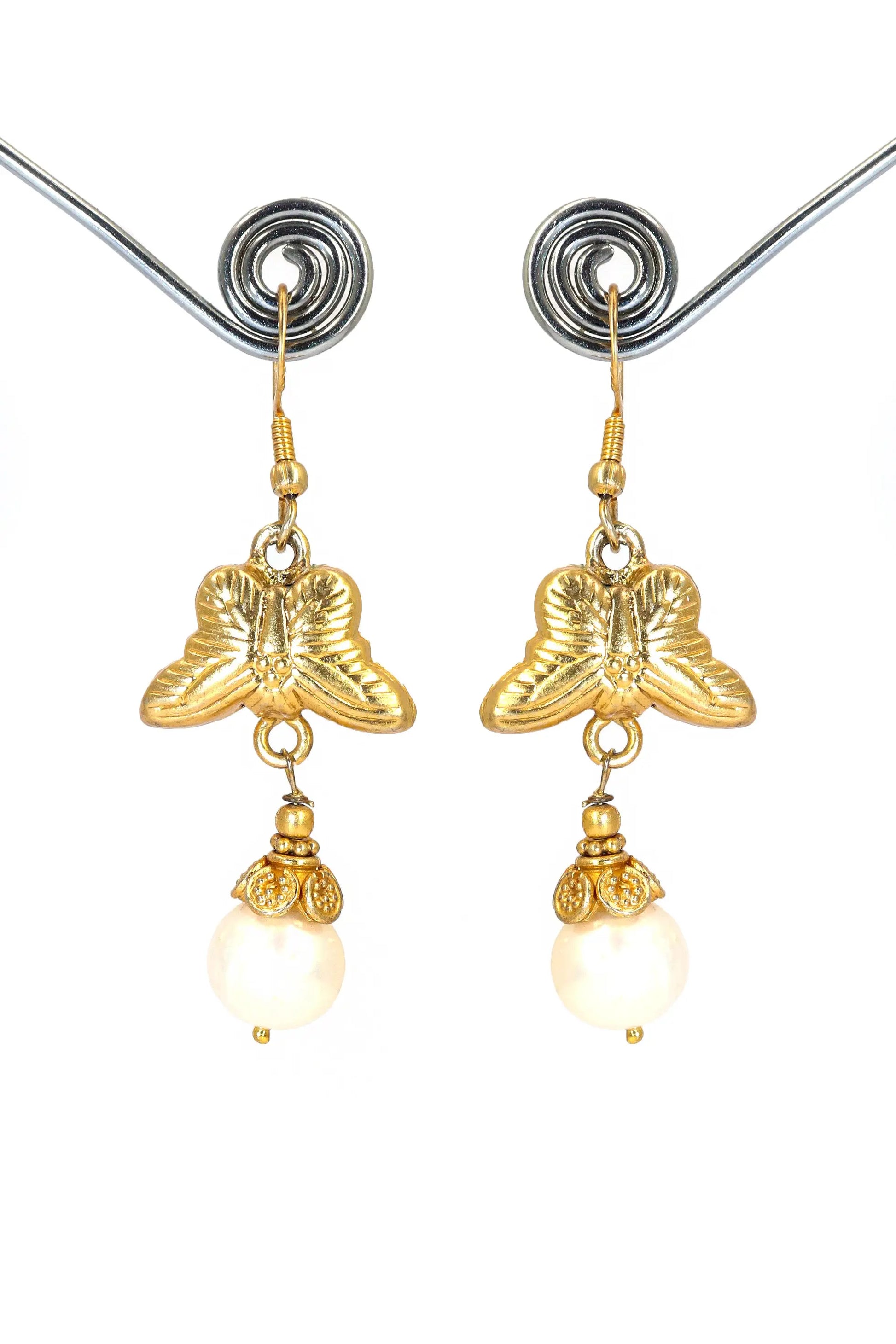 Gold-Plated Earrings Featuring Dazzling Pearl Gemstone Drops with Butterfly Design Earring Jewelry VJewels