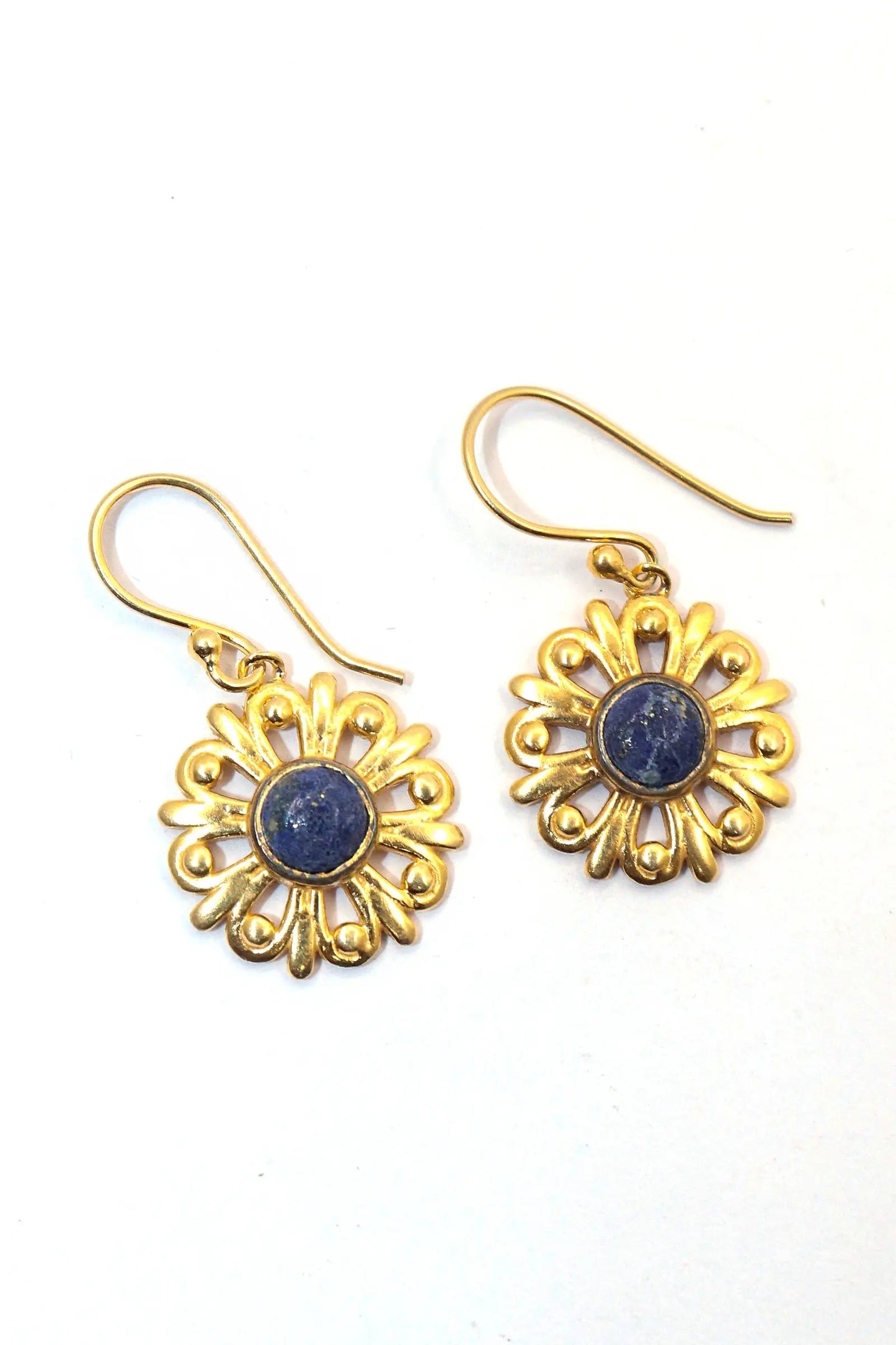 Gold-Plated Elegant Round Shape Lapis Lazuli Gemstone Hook Earrings VJewels