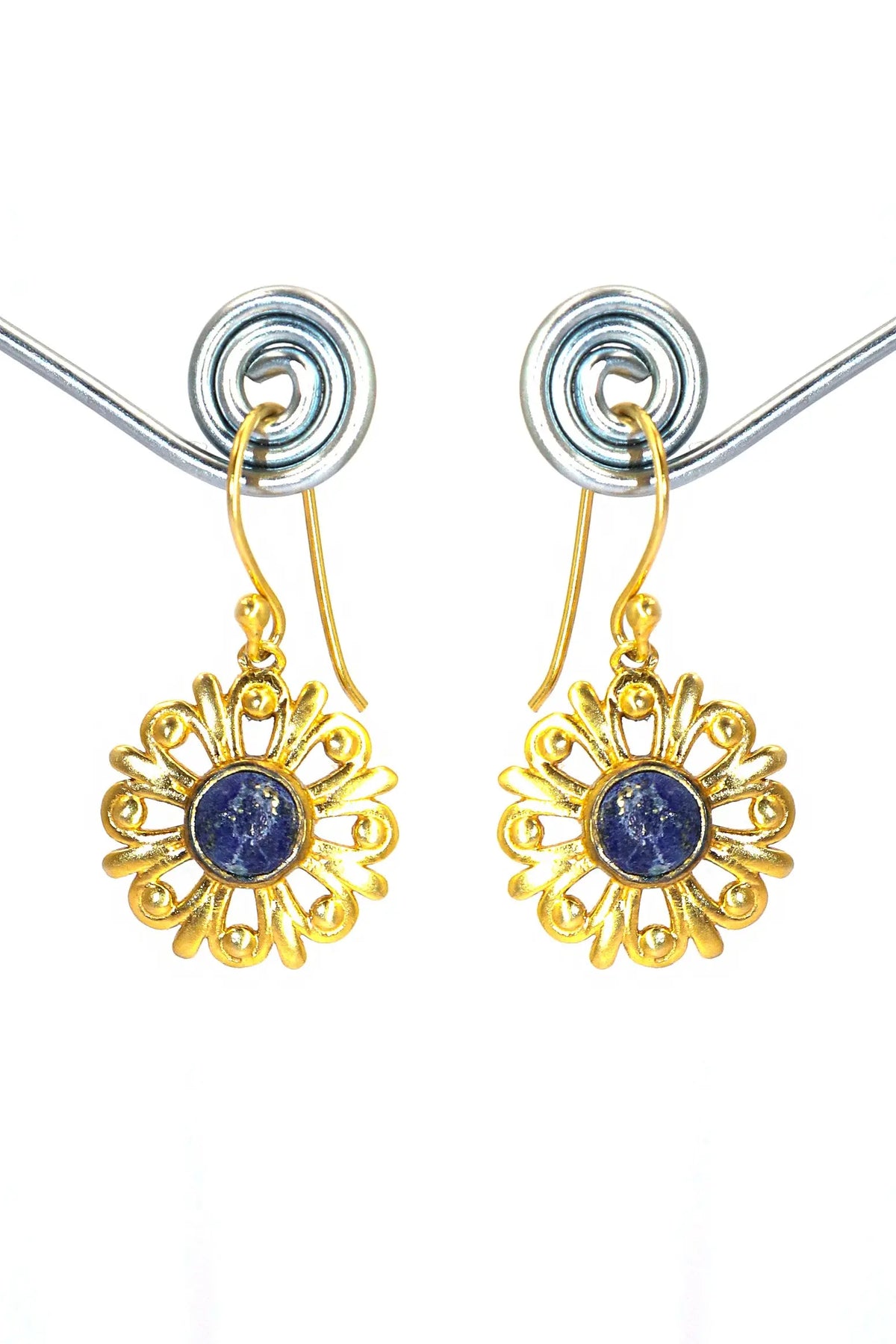 Gold-Plated Elegant Round Shape Lapis Lazuli Gemstone Hook Earrings VJewels