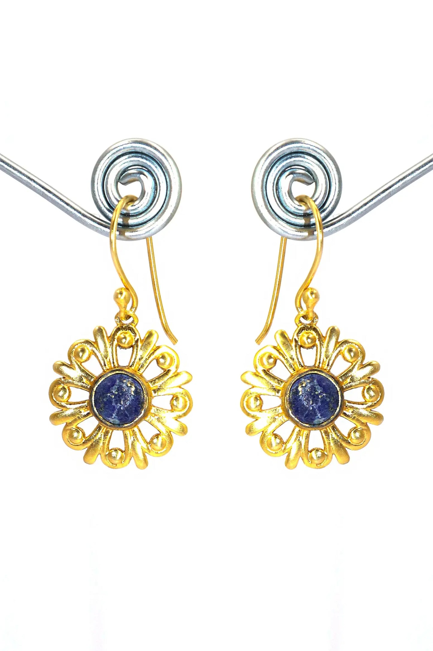 Gold-Plated Elegant Round Shape Lapis Lazuli Gemstone Hook Earrings VJewels