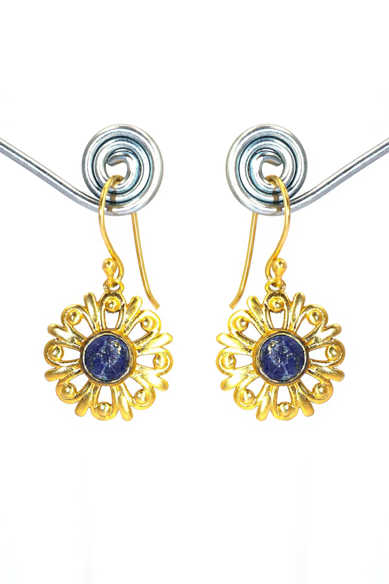 Gold-Plated Elegant Round Shape Lapis Lazuli Gemstone Hook Earrings VJewels