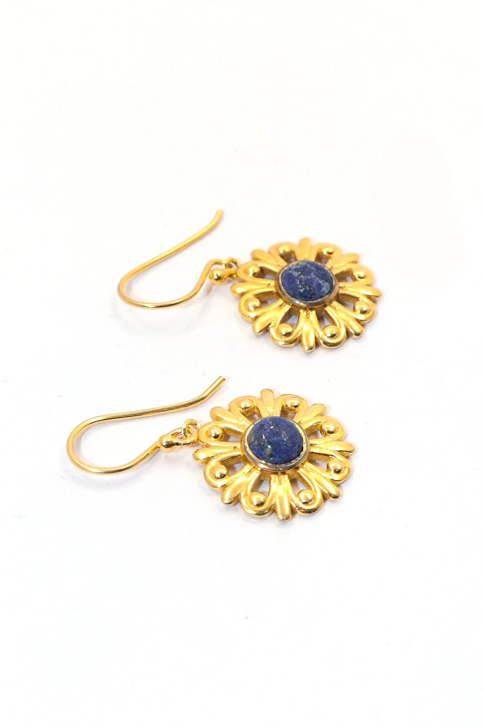 Gold-Plated Elegant Round Shape Lapis Lazuli Gemstone Hook Earrings VJewels