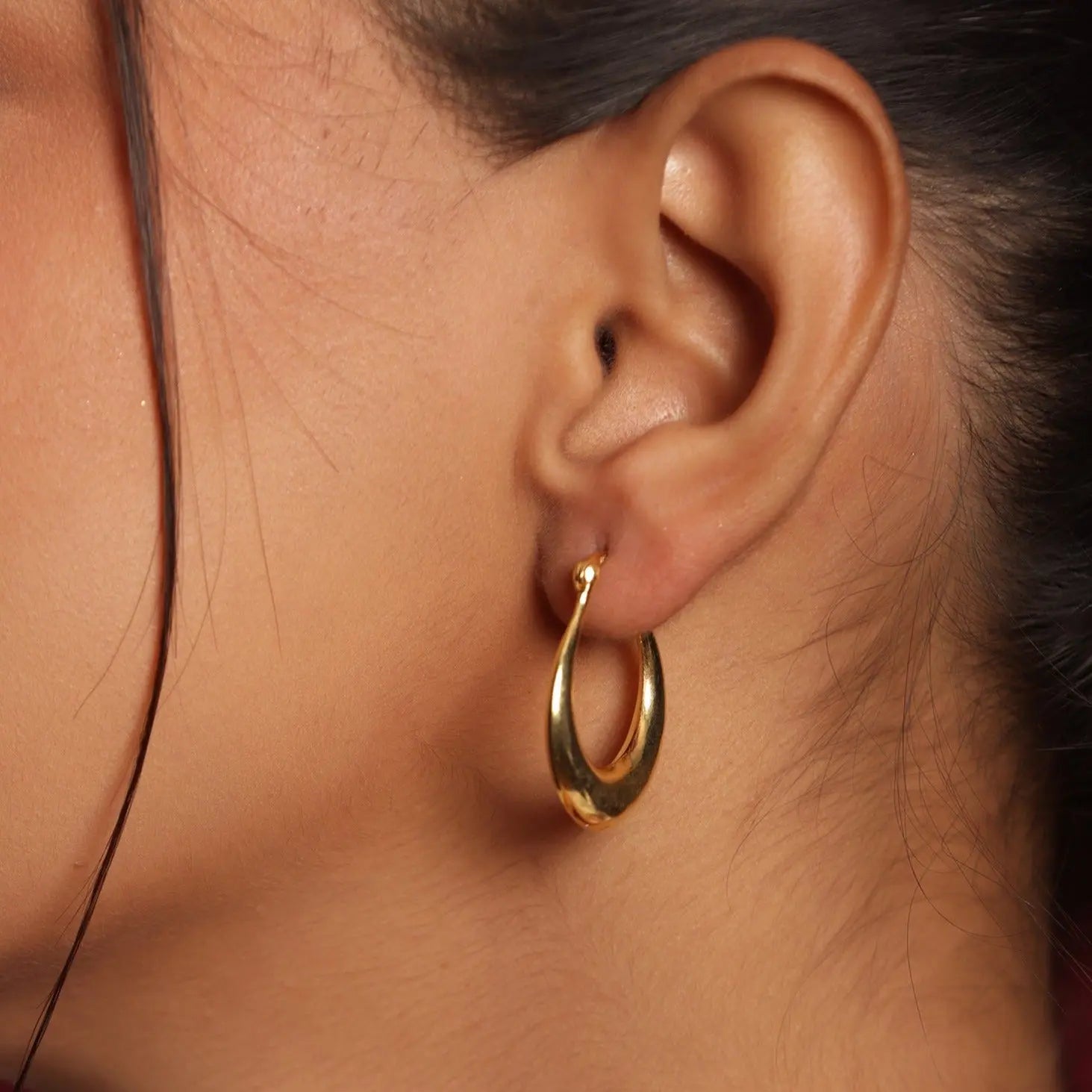 Gold Plated Elongated Hoop Earrings Omega Clip Ear Jewelry VJewels