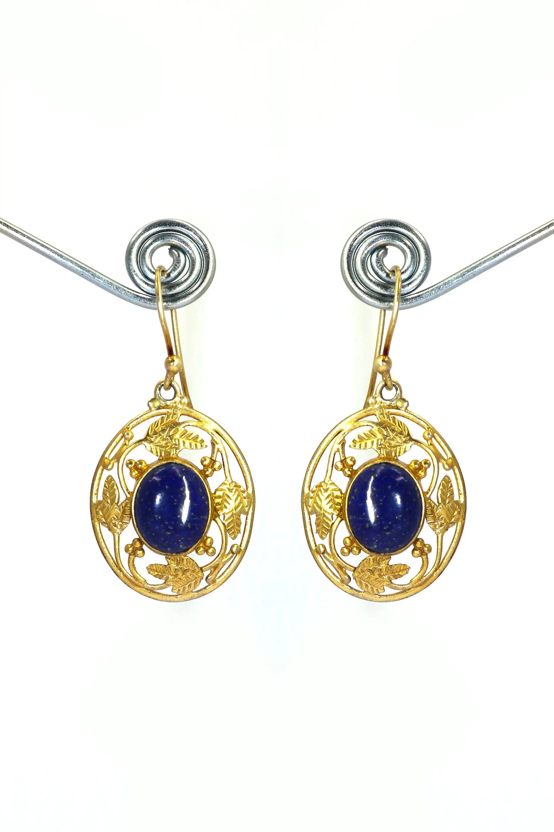 Gold Plated Flower Designer lapis lazuli Gemstone Earrings VJewels