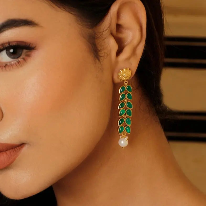 Gold Plated Green Onyx with Pearl Stud Earrings Jewelry Vidita Jewels