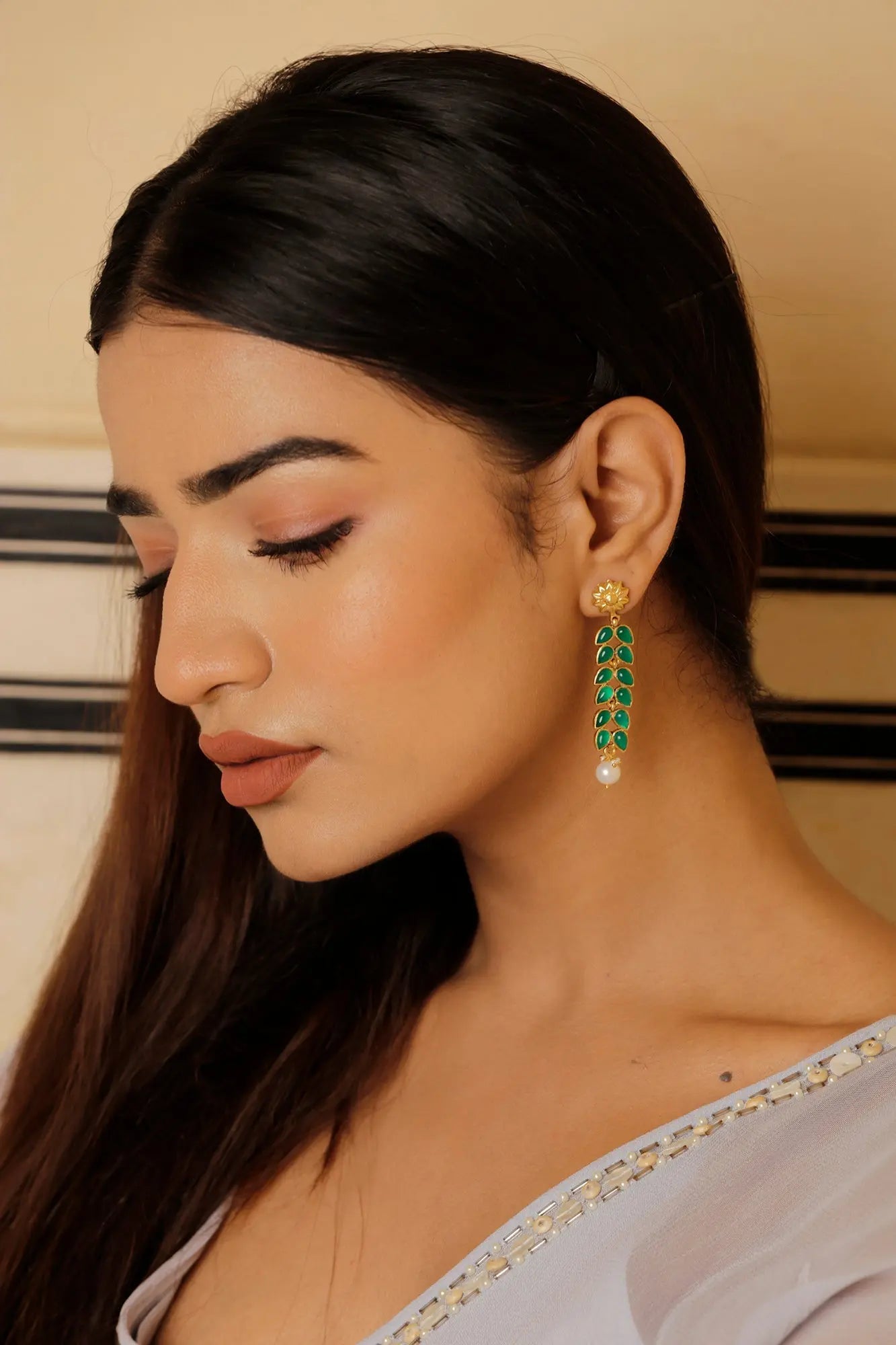 Gold Plated Green Onyx with Pearl Stud Earrings Jewelry Vidita Jewels