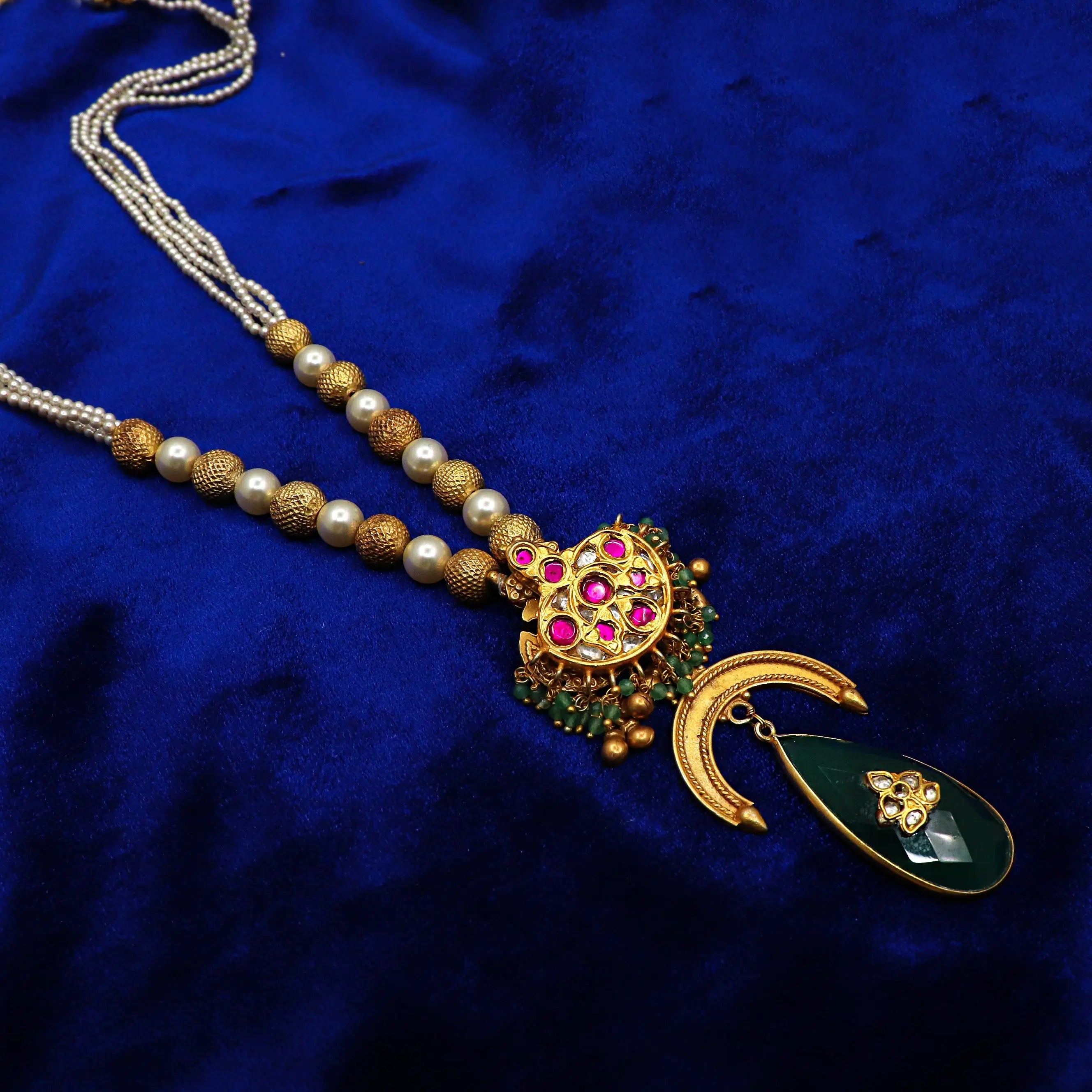 Gold Plated Green Onyx, Pearl moissanite Gemstone And Enamel Traditional Necklace Jewelry VJewels