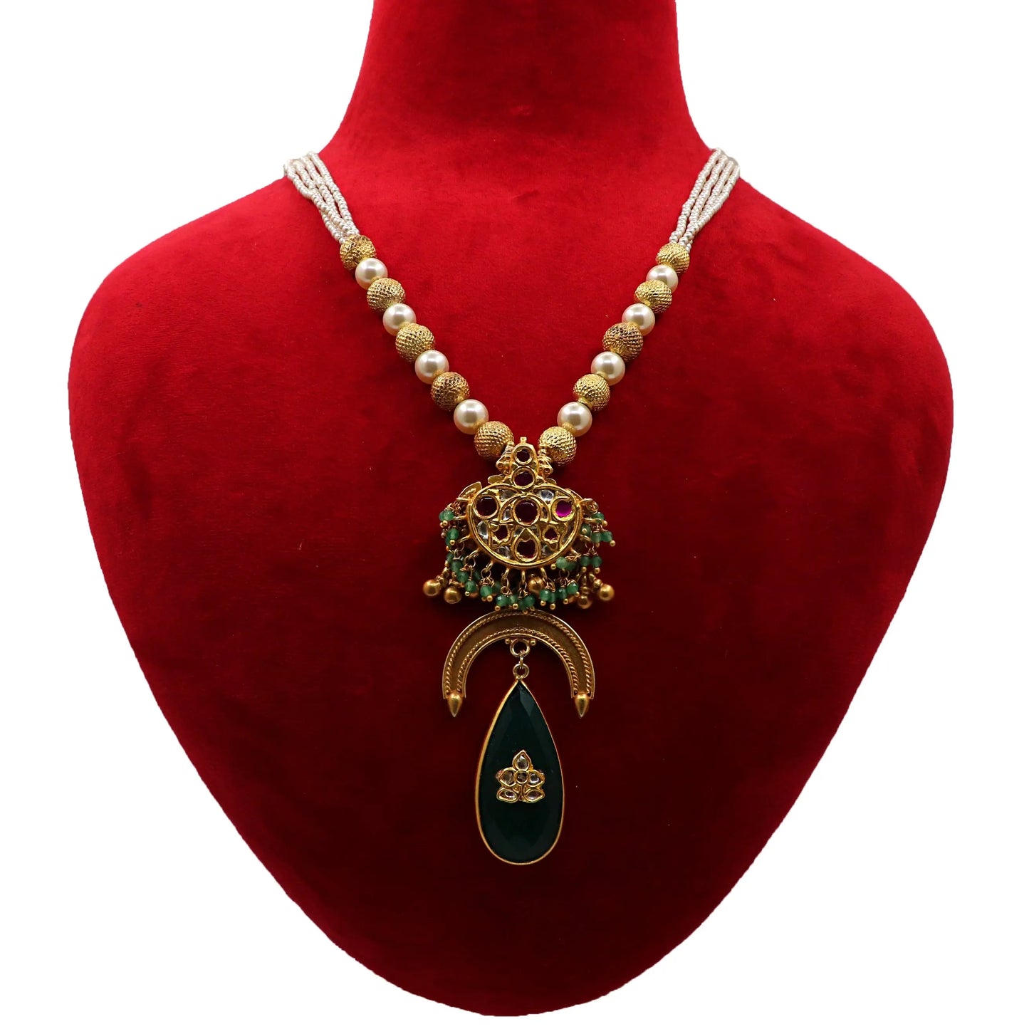 Gold Plated Green Onyx, Pearl moissanite Gemstone And Enamel Traditional Necklace Jewelry VJewels