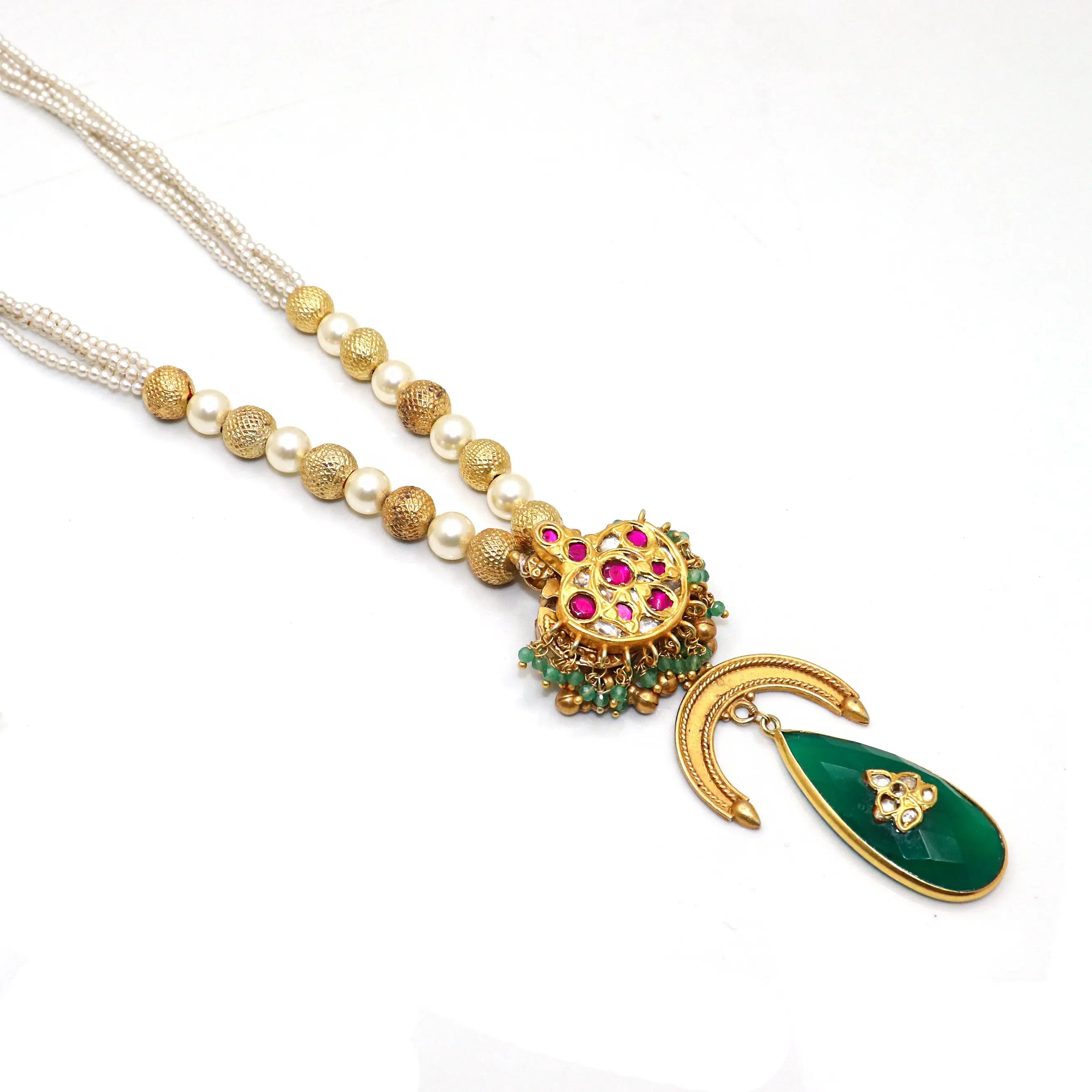 Gold Plated Green Onyx, Pearl moissanite Gemstone And Enamel Traditional Necklace Jewelry VJewels