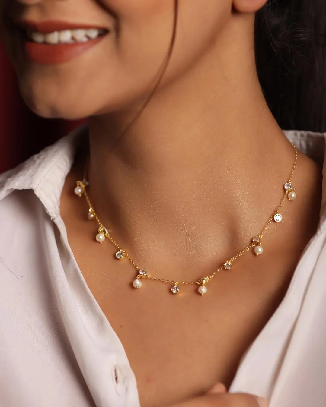 Gold Plated Minimalist Pearl with CZ Necklace for Women Jewelry VJewels