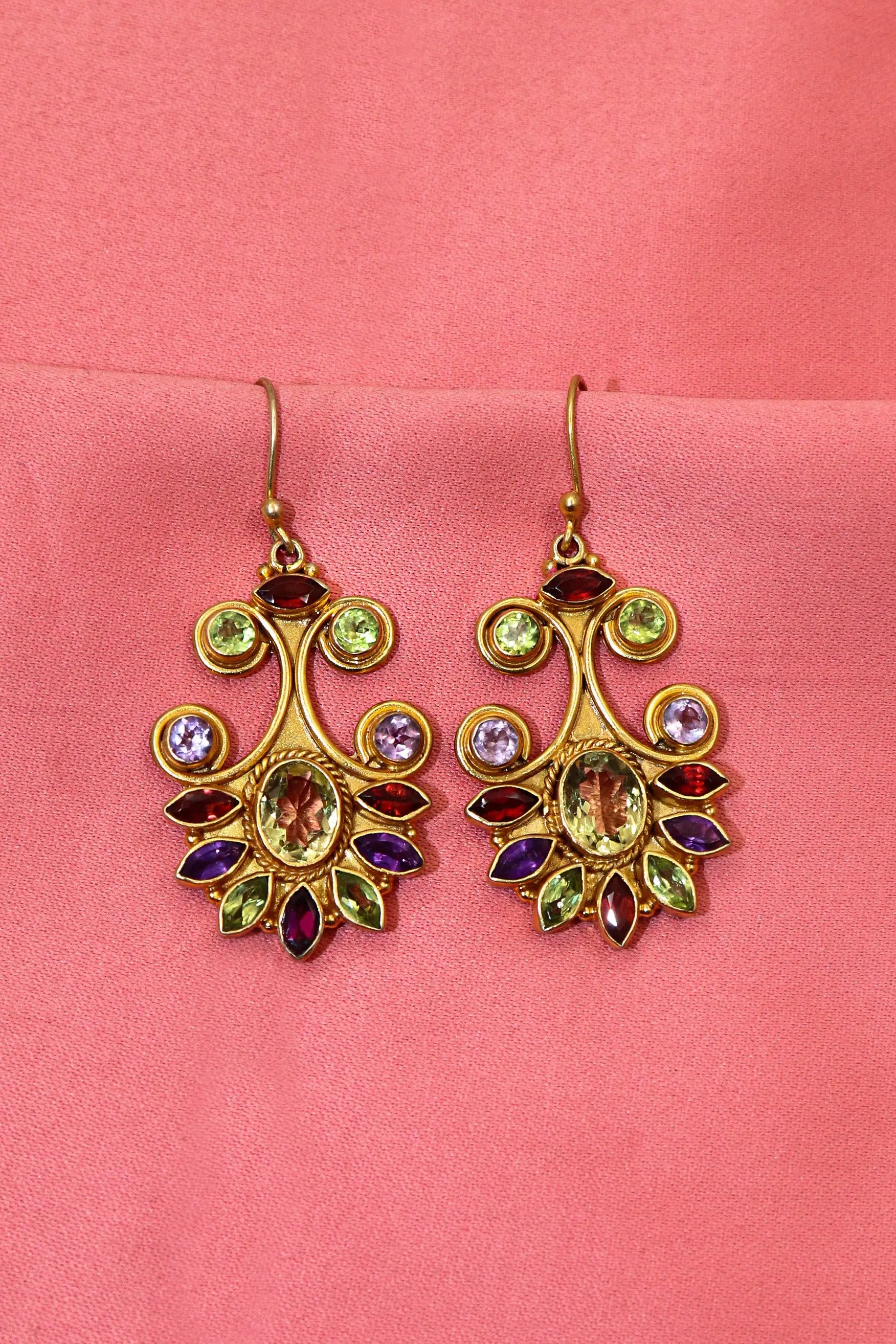 Gold-Plated Modern Earrings Adorned multi Gemstone with Flower Design Earring VJewels