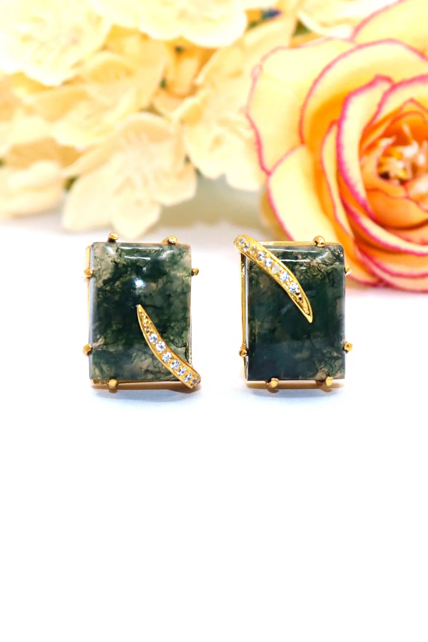 Gold Plated Moss Green Agate Gemstone cufflinks Jewelry VJewels