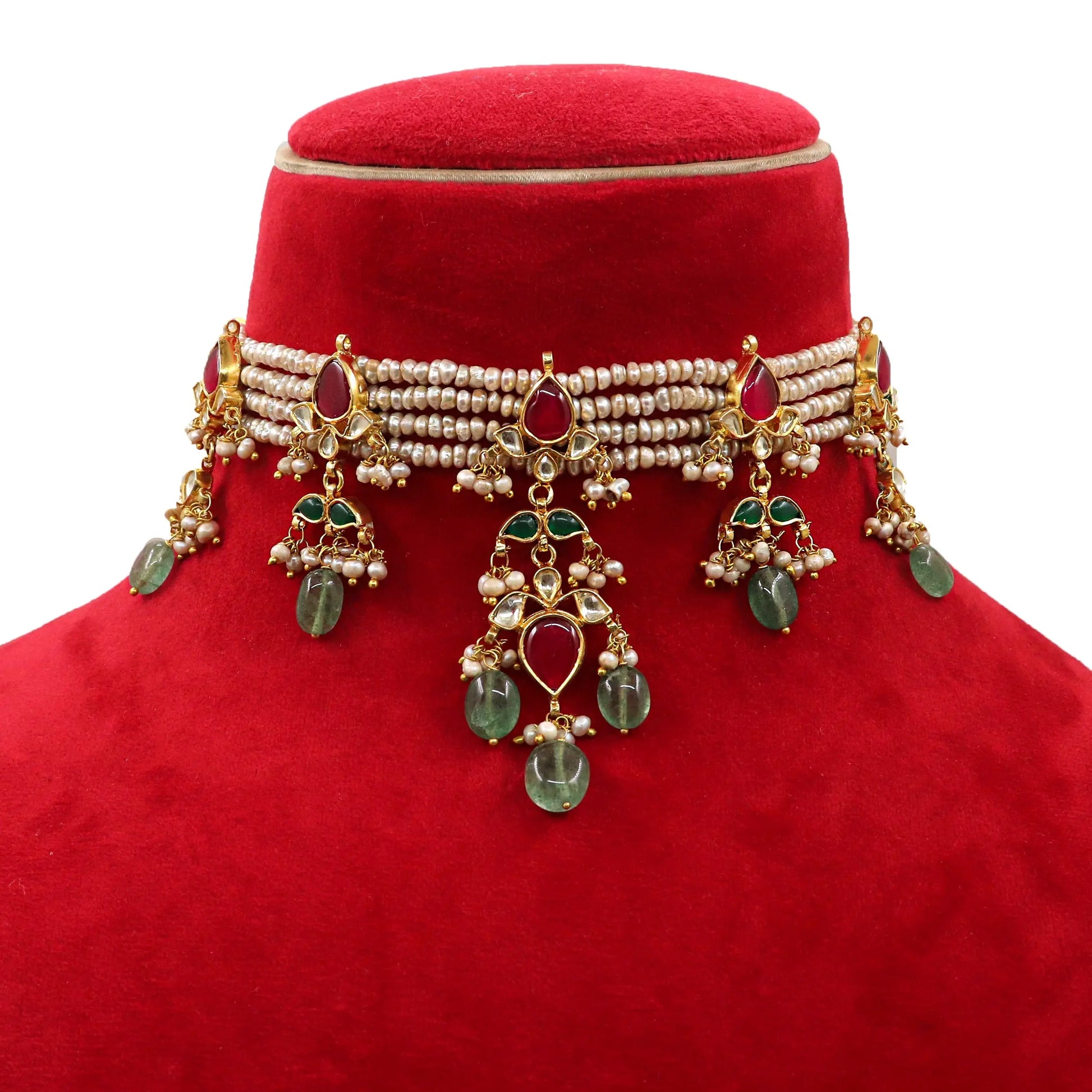 Gold Plated Pearl, Moissanite, Enamel With Semi Precious Gemstone Traditional Necklace Set Jewelry VJewels