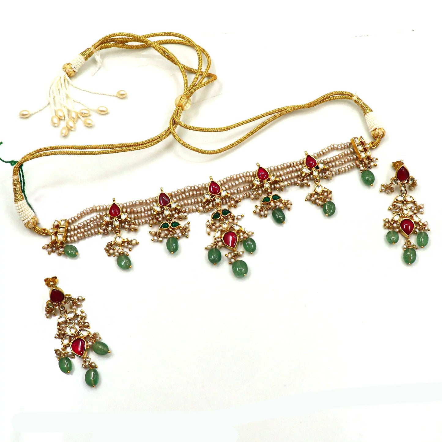 Gold Plated Pearl, Moissanite, Enamel With Semi Precious Gemstone Traditional Necklace Set Jewelry VJewels