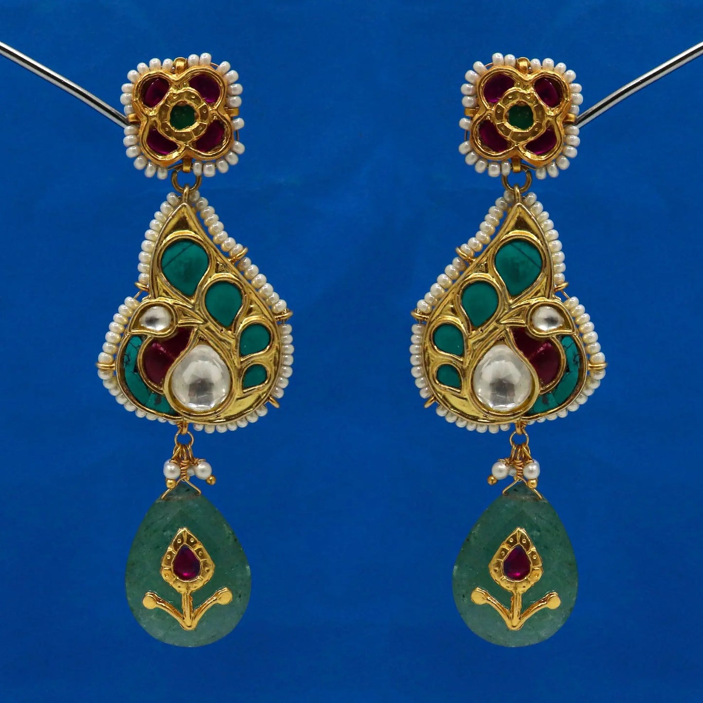 Gold Plated Pearl, Moissanite, Turquoise And Enamel Traditional Earring Jewelry VJewels