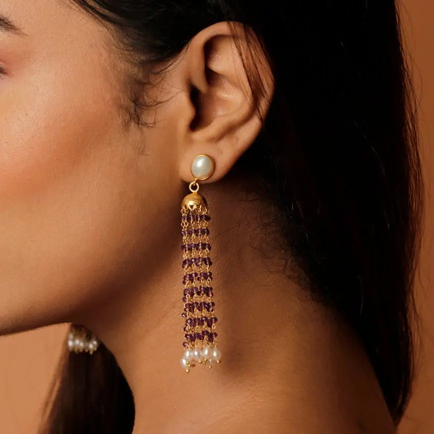 Gold Plated Purple Amethyst with Pearl Stud Earringsjewelry Vidita Jewels