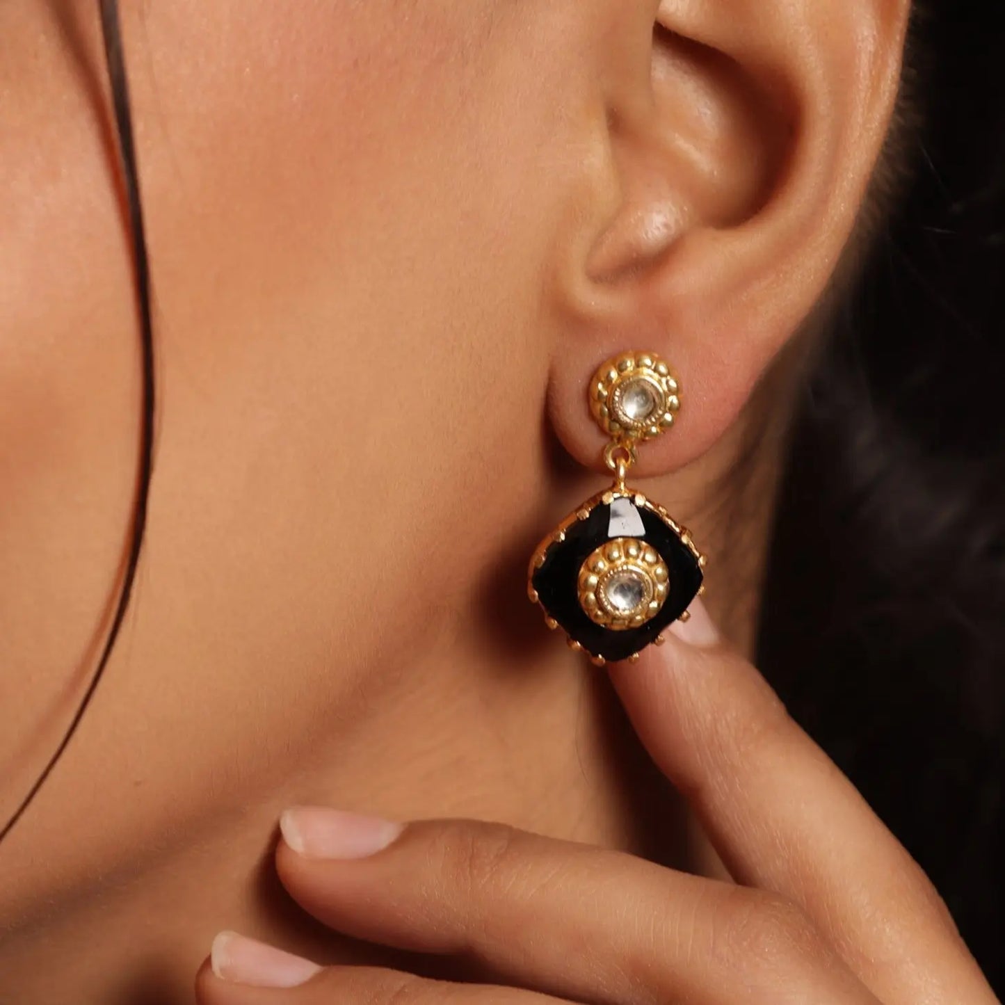 Gold Plated Regal Black Onyx Gold Plated Jadau Polki Earrings Jewelry VJewels