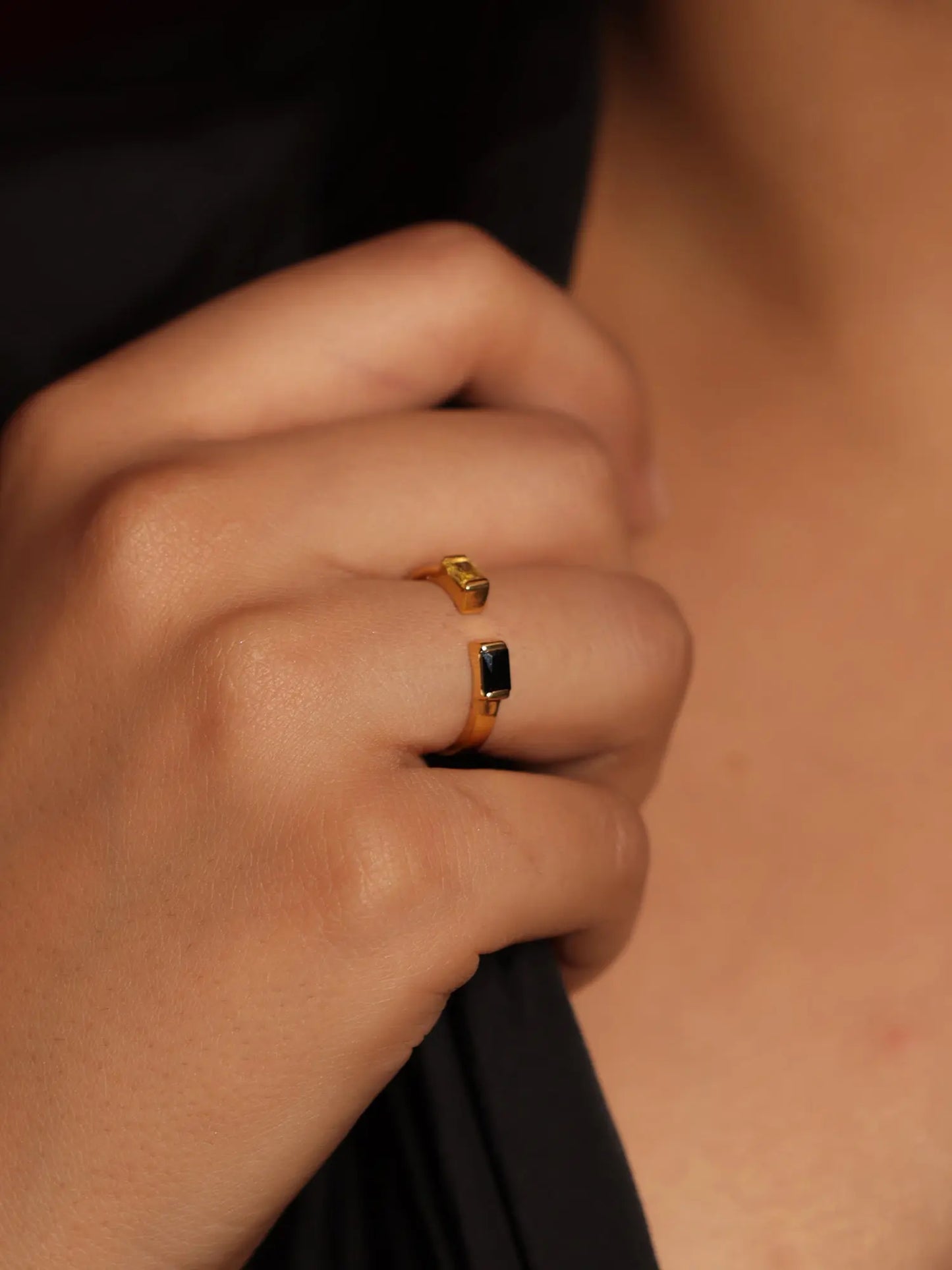 Gold Plated Ring Black Onyx and Lemon Quartz Gemstone DAO Bagutte Open Ring. VJewels