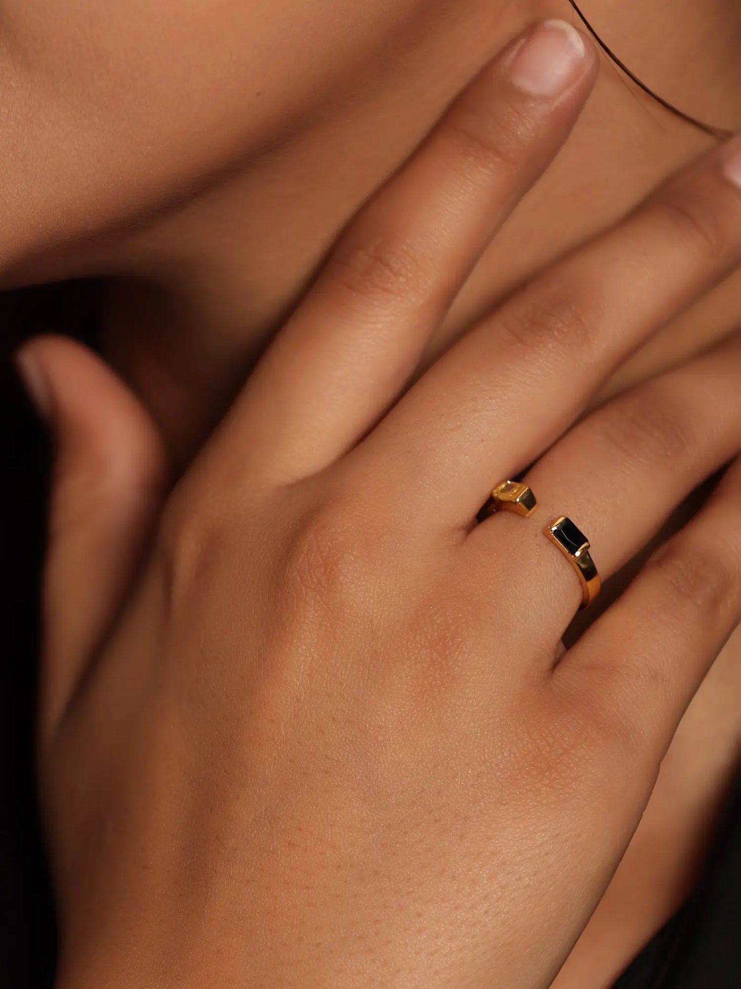 Gold Plated Ring Black Onyx and Lemon Quartz Gemstone DAO Bagutte Open Ring. VJewels