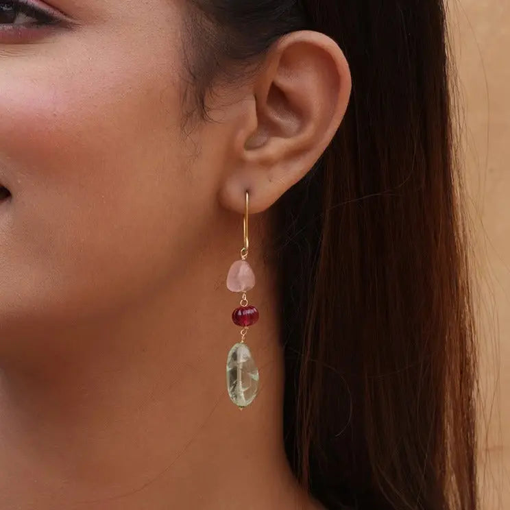 Gold Plated Rose quartz, Green Amethyst, and Ruby Gemstone Hook Earrings Jewelry Vidita Jewels