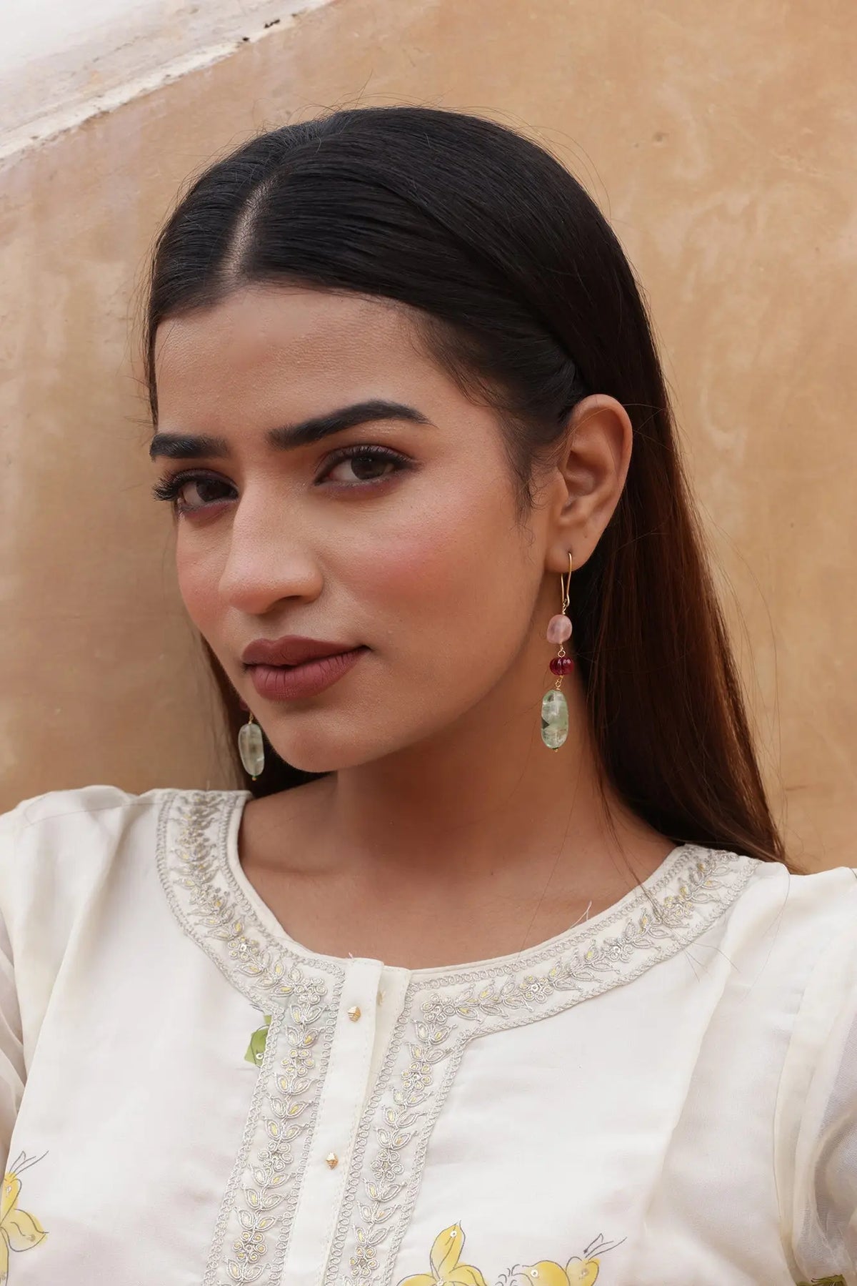Gold Plated Rose quartz, Green Amethyst, and Ruby Gemstone Hook Earrings Jewelry Vidita Jewels