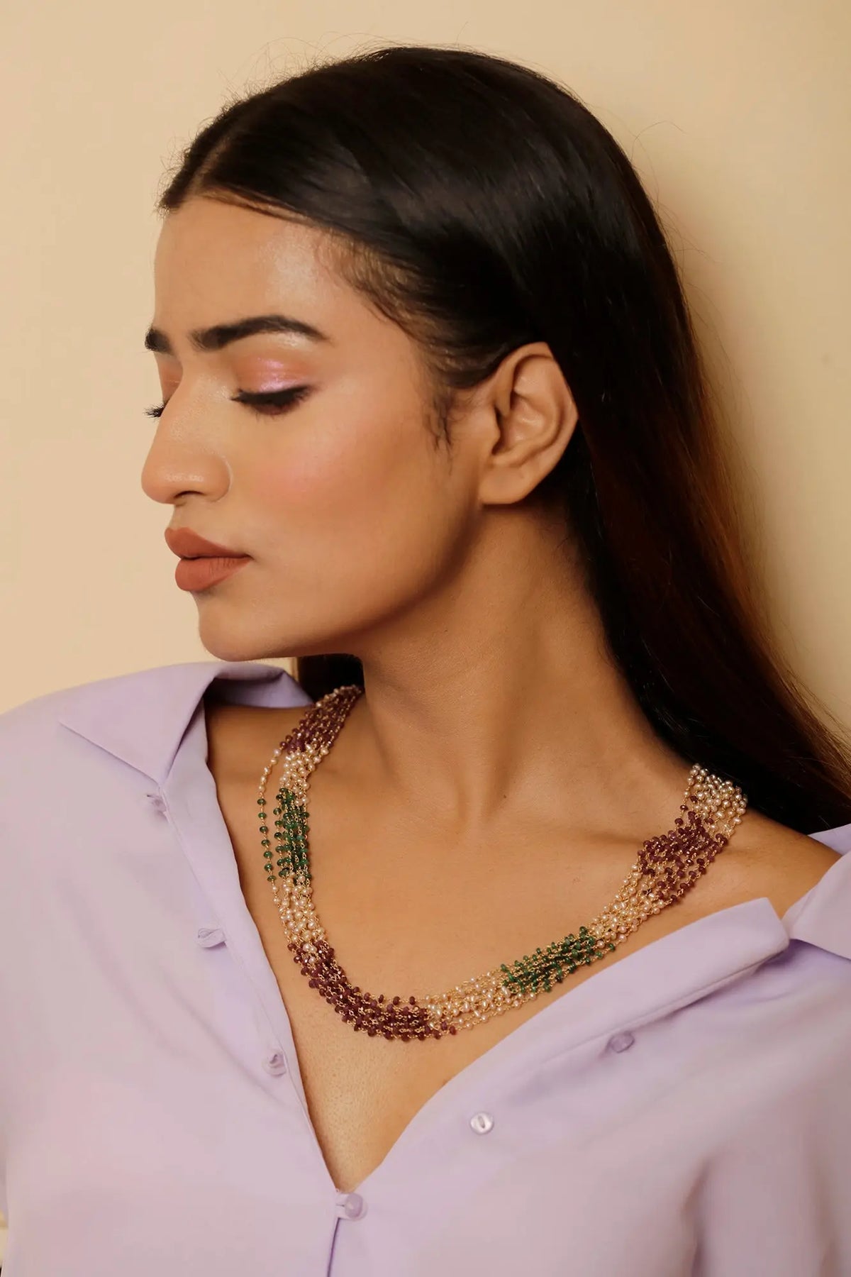 Gold Plated Royal Ruby Emerald Pearl Multi-layered Necklace Jewelry Vidita Jewels