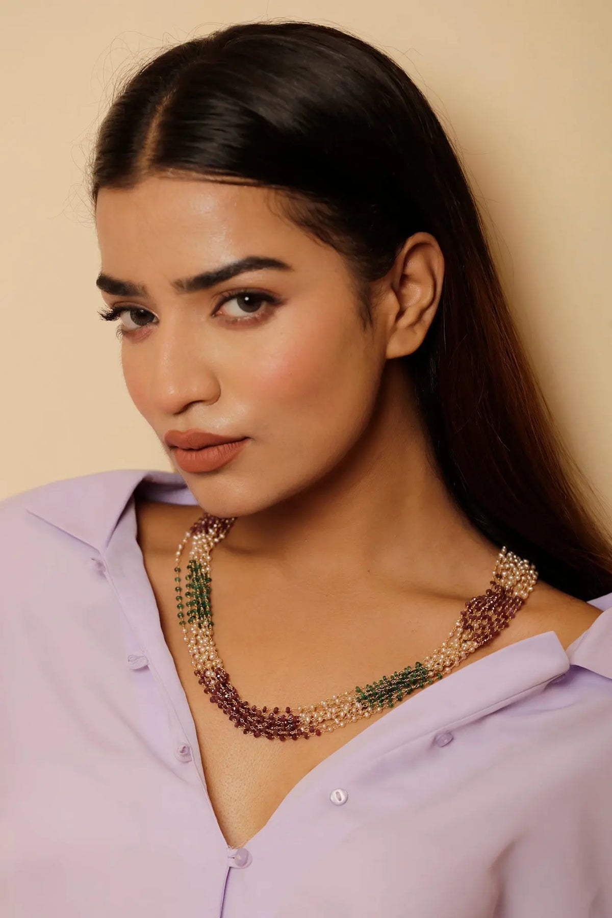 Gold Plated Royal Ruby Emerald Pearl Multi-layered Necklace Jewelry Vidita Jewels