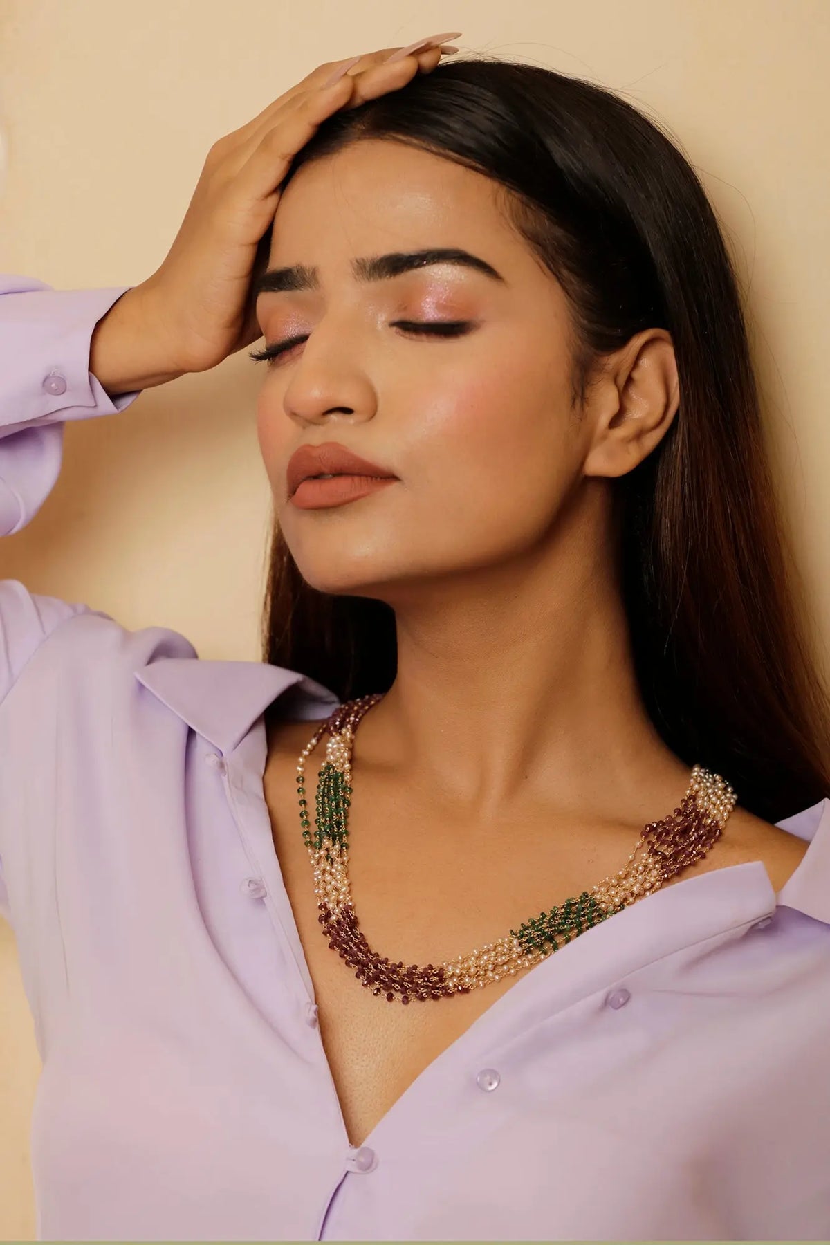Gold Plated Royal Ruby Emerald Pearl Multi-layered Necklace Jewelry Vidita Jewels