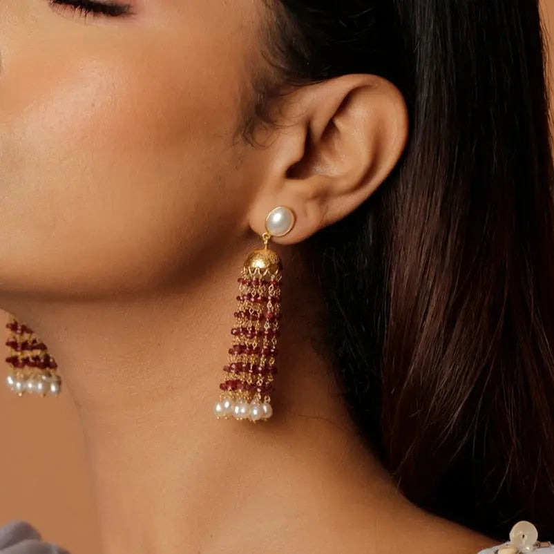 Gold Plated Ruby Beads And Pearl Oasis Earrings Jewelry Vidita Jewels