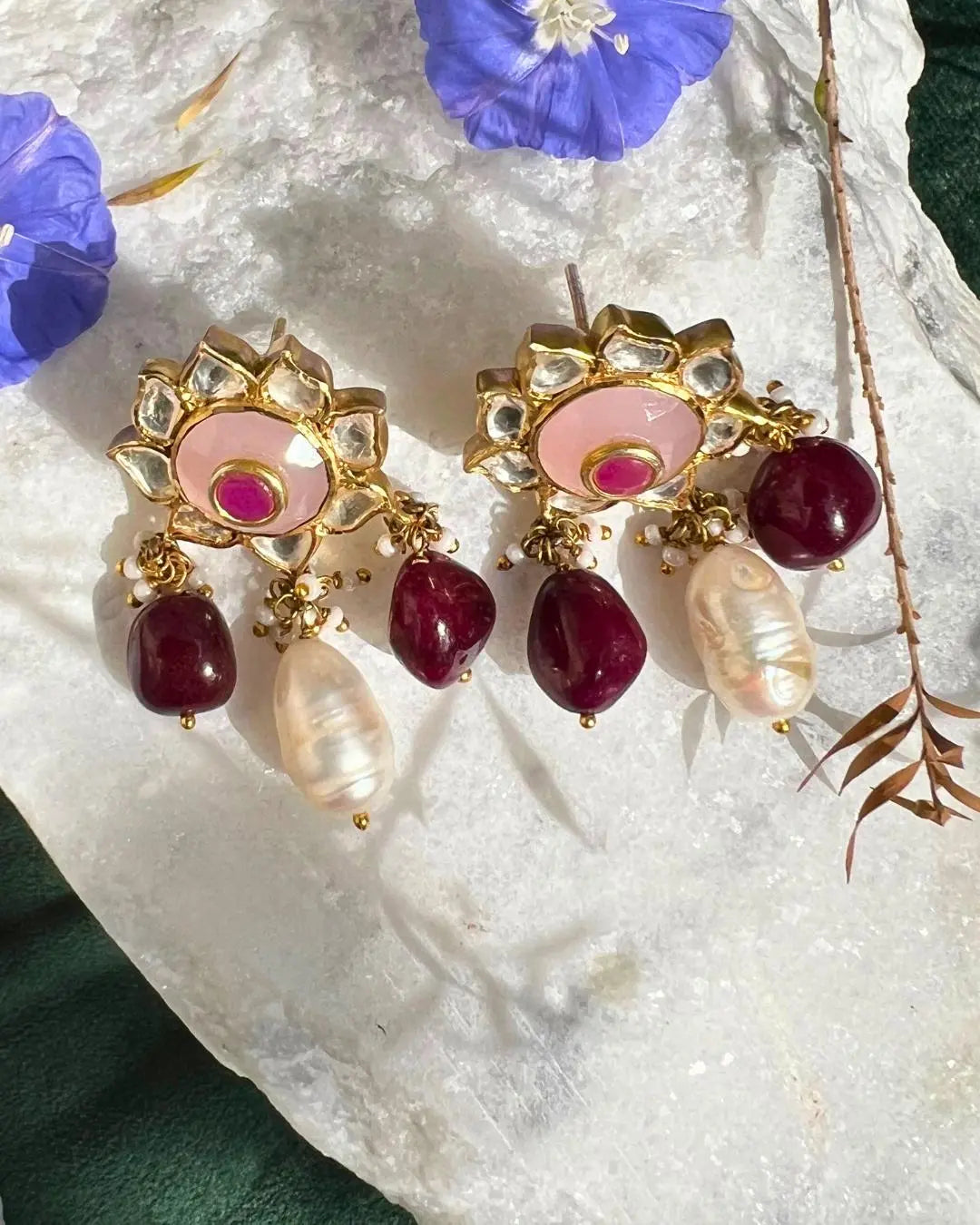 Gold Plated Ruby With Pearl Kundan Uncut Polki Jadau Silver Stud Earring Jewelry VJewels