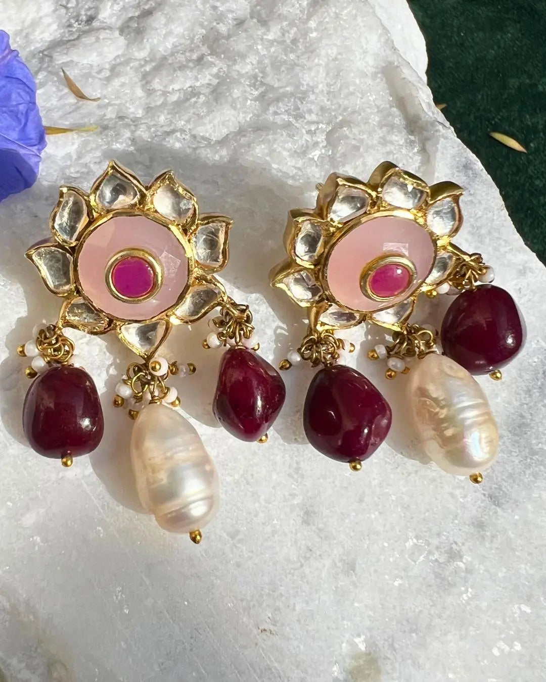 Gold Plated Ruby With Pearl Kundan Uncut Polki Jadau Silver Stud Earring Jewelry VJewels